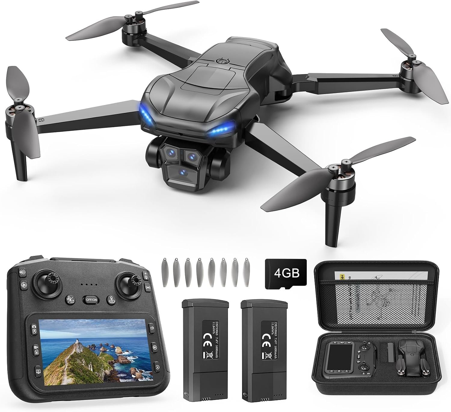GPS Drone with 4K Camera for Adults, RC Foldable Quadcopter with 4.5” HD Screen Controller, Brushless Motor, GPS Auto Return, 60 Min Flight, 4GB SD Card, Beginner Gift, Under 249g
