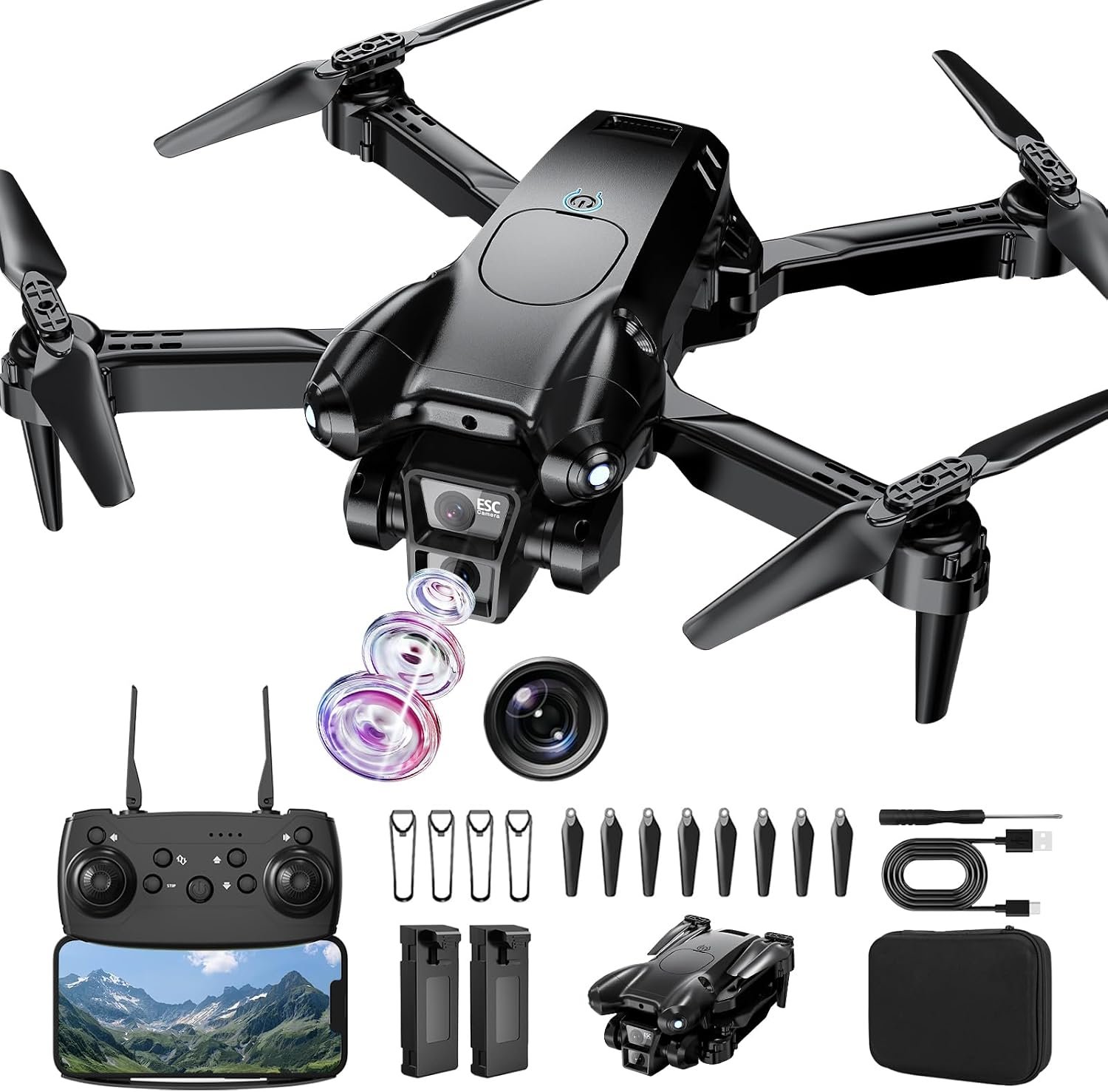 Drone with Camera 1080P HD, Mini Drone for Beginners Kids Adults, Foldable RC Quadcopter with Stable Hover, Trajectory Flight, One Key Take Off/Land, 2 Batteries, Toys for Boys and Girls (Black)