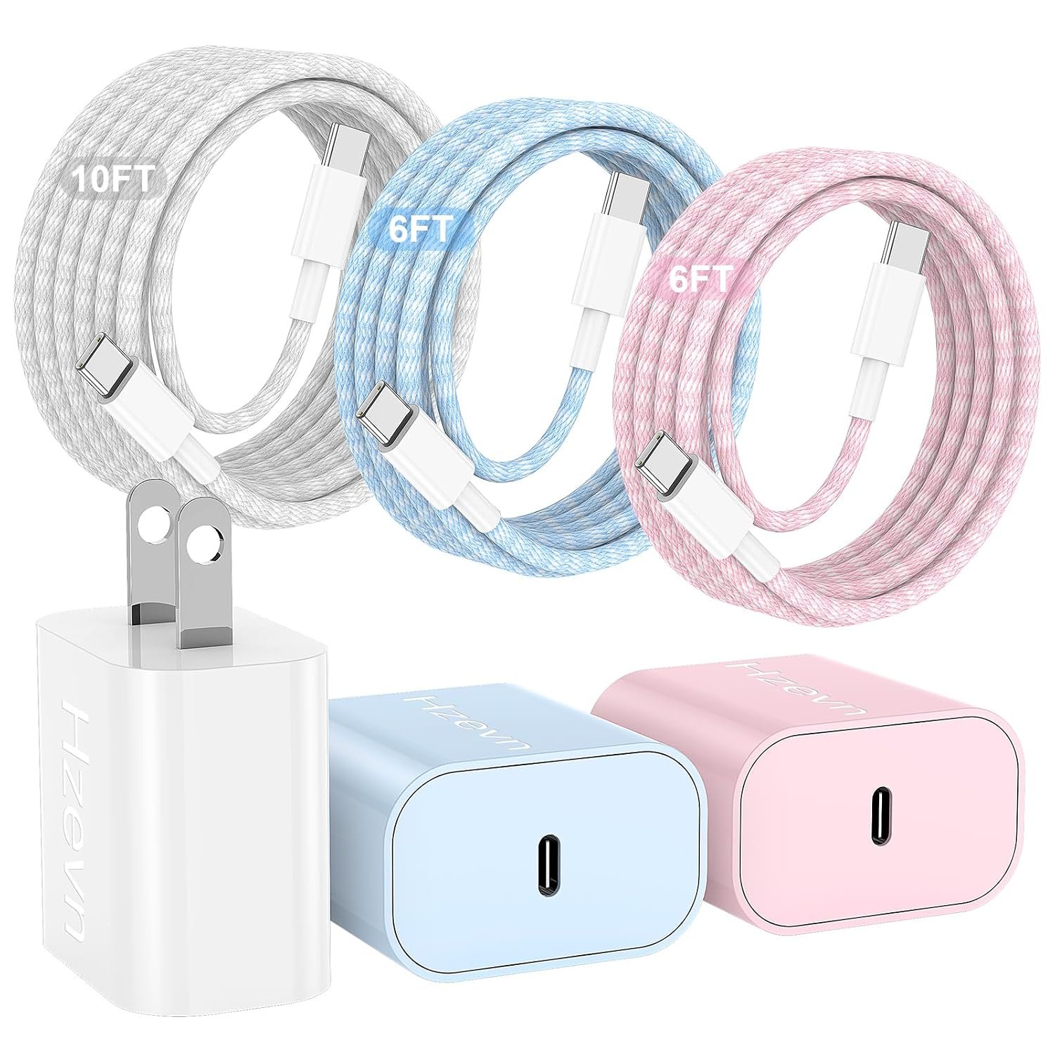 20W USB C Fast Charging for iPhone 17 Air/16/15 Pro Max,3Pack Colorful Mixed Charger Block with Braided Long USB C to C Cables (6/6/10ft) Compatible with iPhone16/15 Pro/15 Plus/iPad Pro