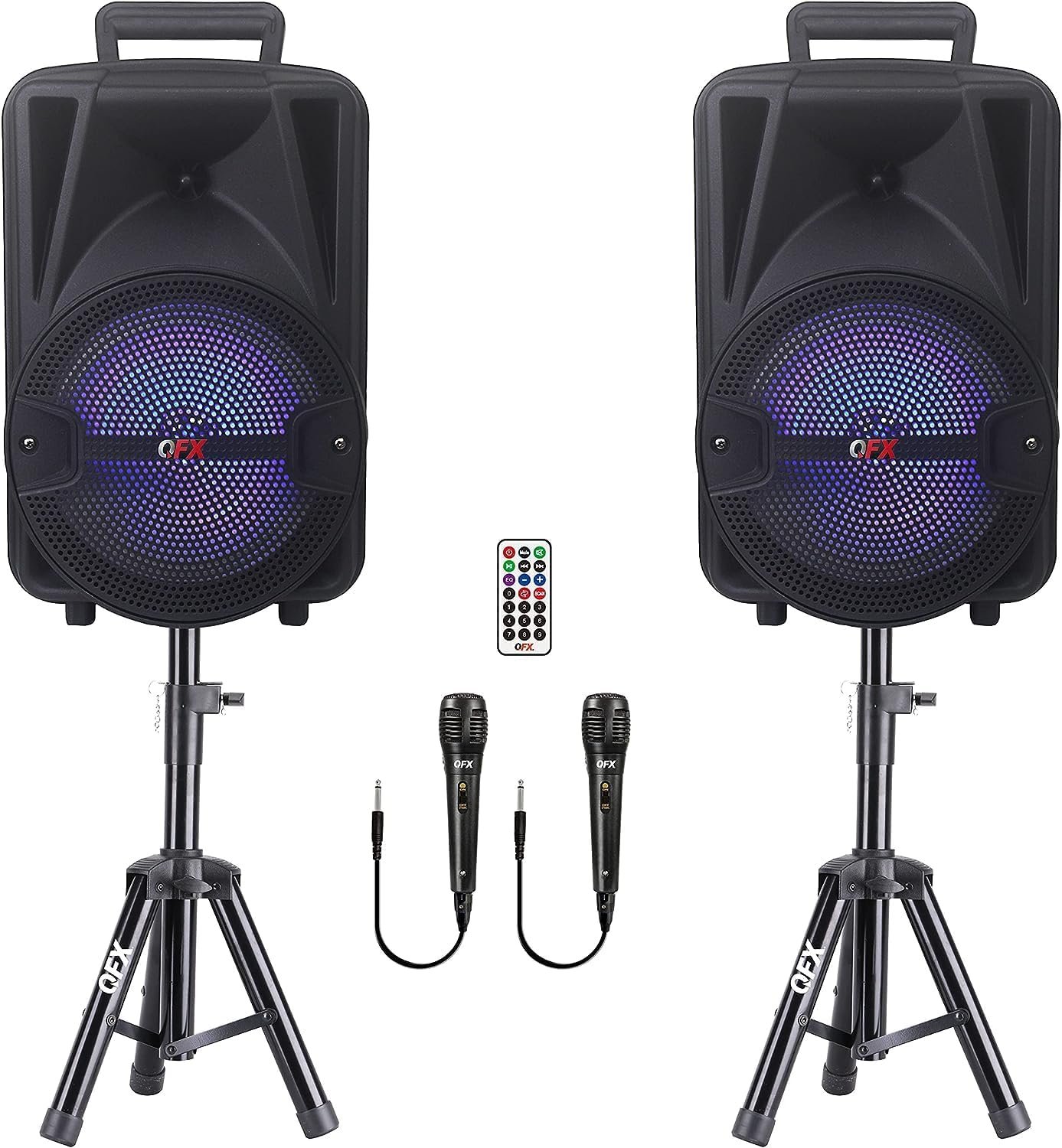QFX PBX-800TWS Dual 8″ Powered PA Speaker System | 2 Rechargeable Bluetooth Party Speakers, 2 Tripod Stands, 2 Wired Mics, Remote | TWS Stereo Pairing, RGB Lights, FM/USB/TF/AUX