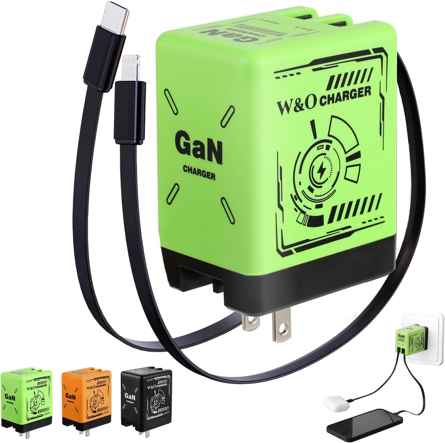 2-in-1 GaN Charger Fast Charging, with Lightning and Type-C Cables, Green