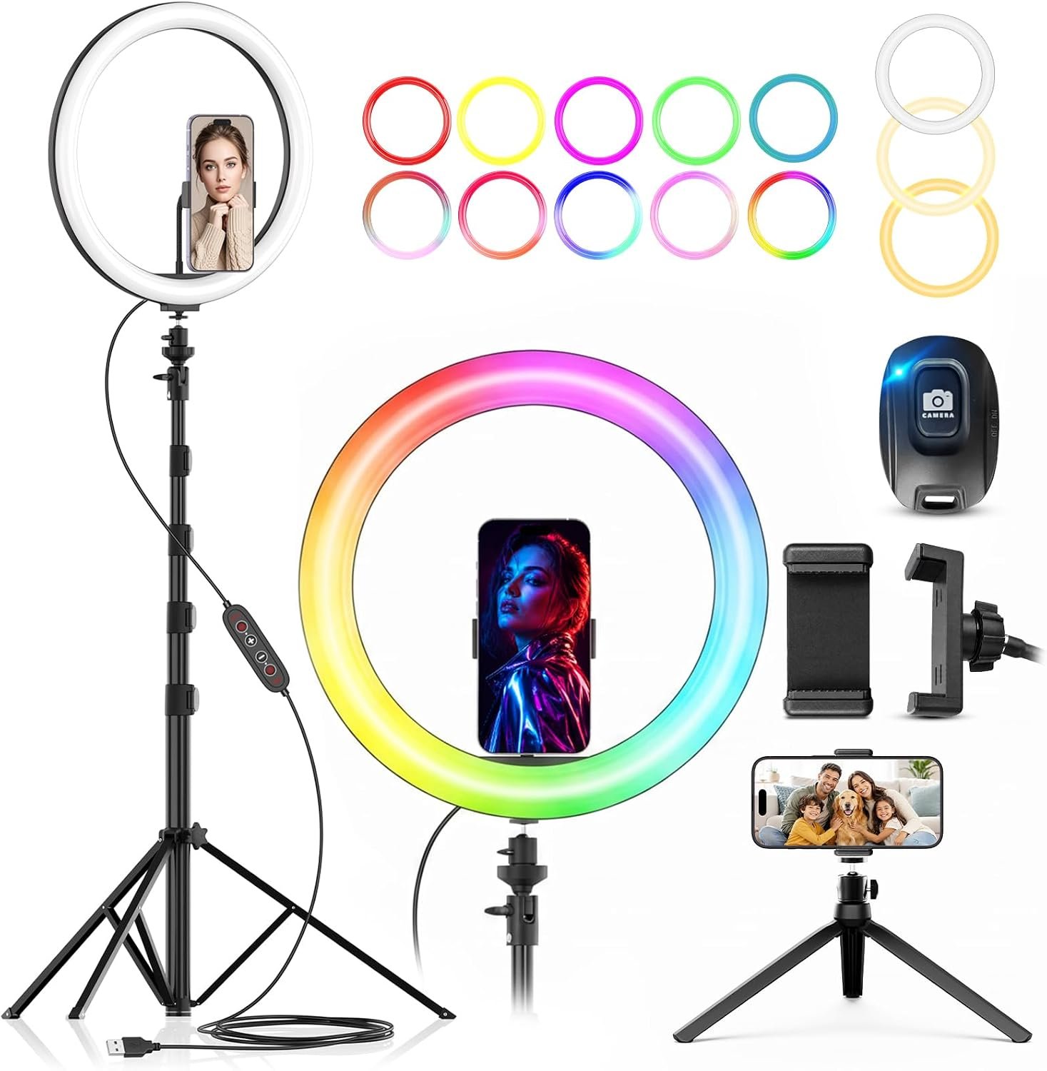 PEYOU 12″ Selfie Ring Light with 73″ Extendable Tripod Stand and Phone Holder, 38 Color Modes Dimmable RGB Ring Light,3-in-1 Desk & Floor Use for iPhone, Makeup, TikTok, YouTube, Live Streaming