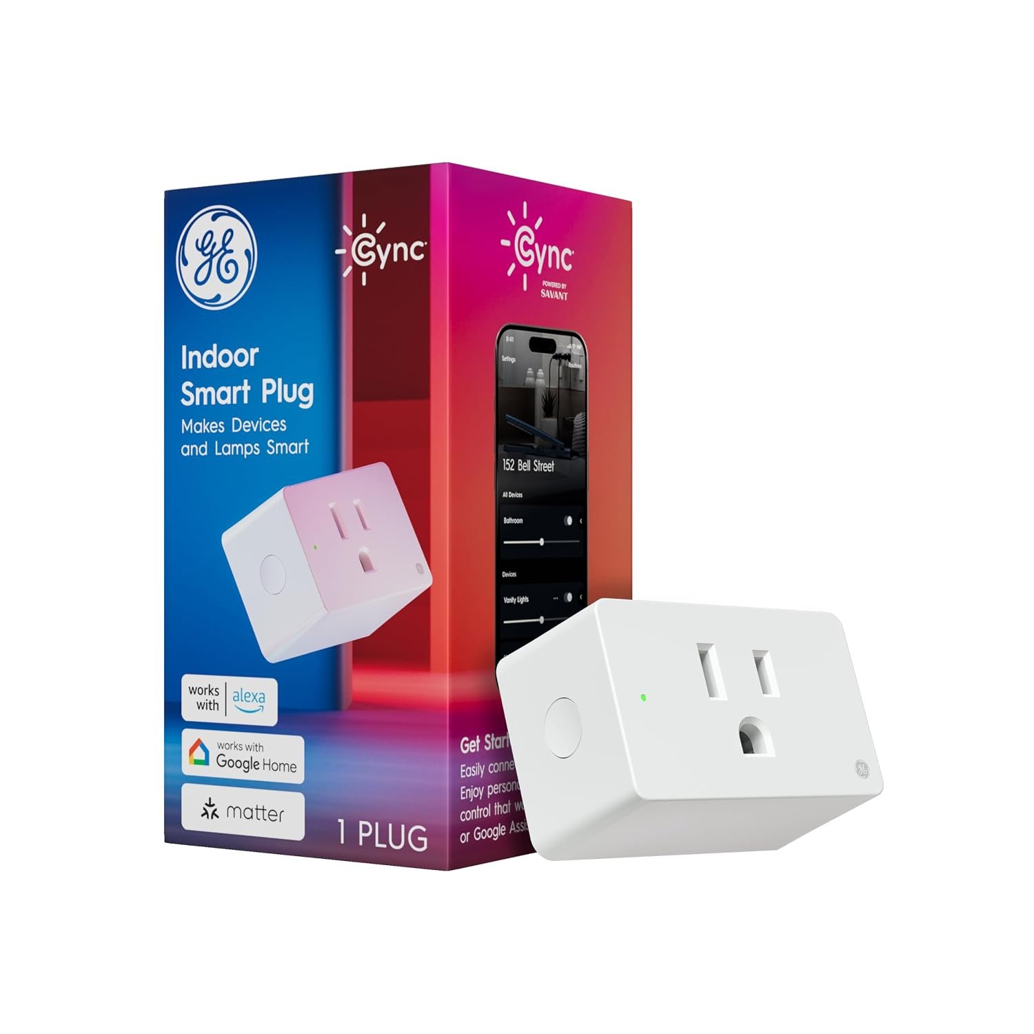 GE Cync Smart Indoor Plug, Smart Outlet Control, WiFi Outlet Plug, Matter Compatible, Works with Alexa and Google Home