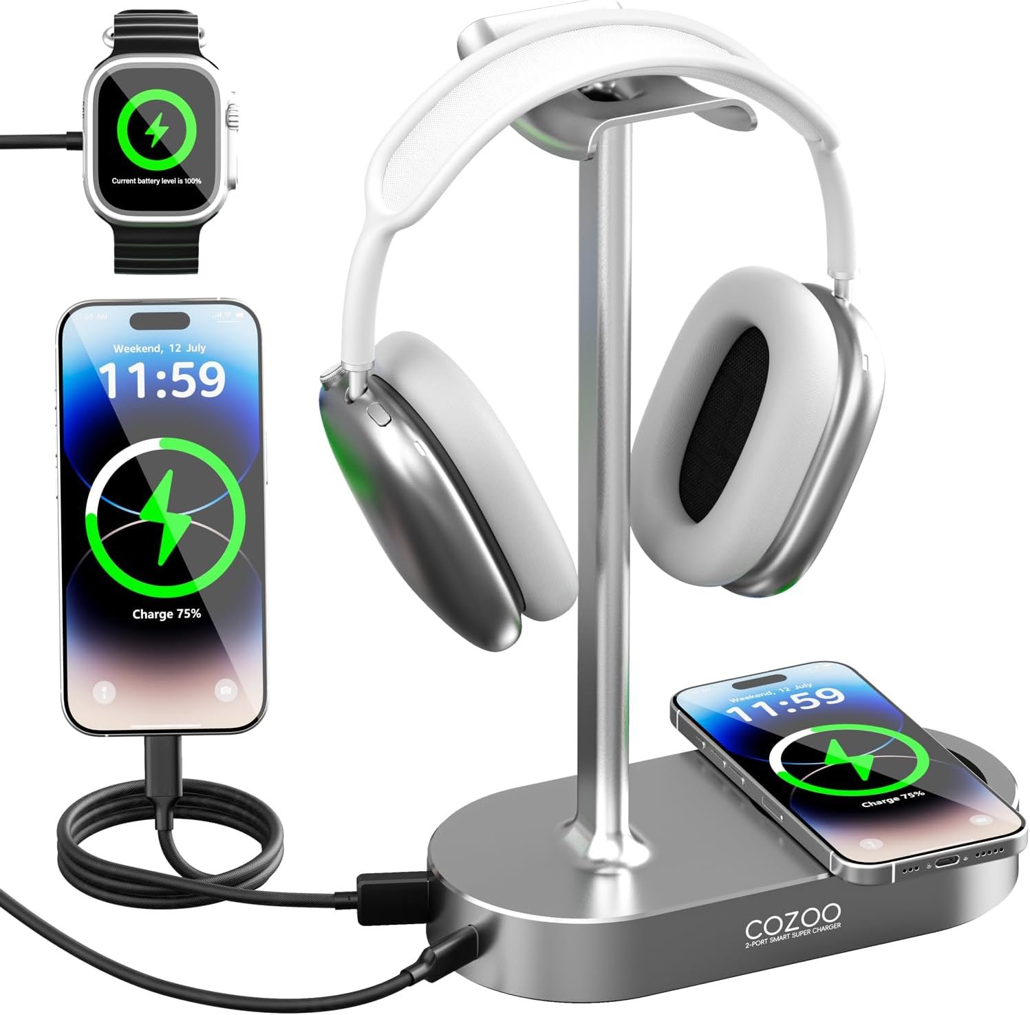 15W Wireless Charging Headphone Stand with USB & Type-C Ports, Desktop Gaming Headset Holder, Cool Gaming Accessories & Tech Gifts for Men Teen Boys,Gamer Gifts, for Boyfriend and Teens