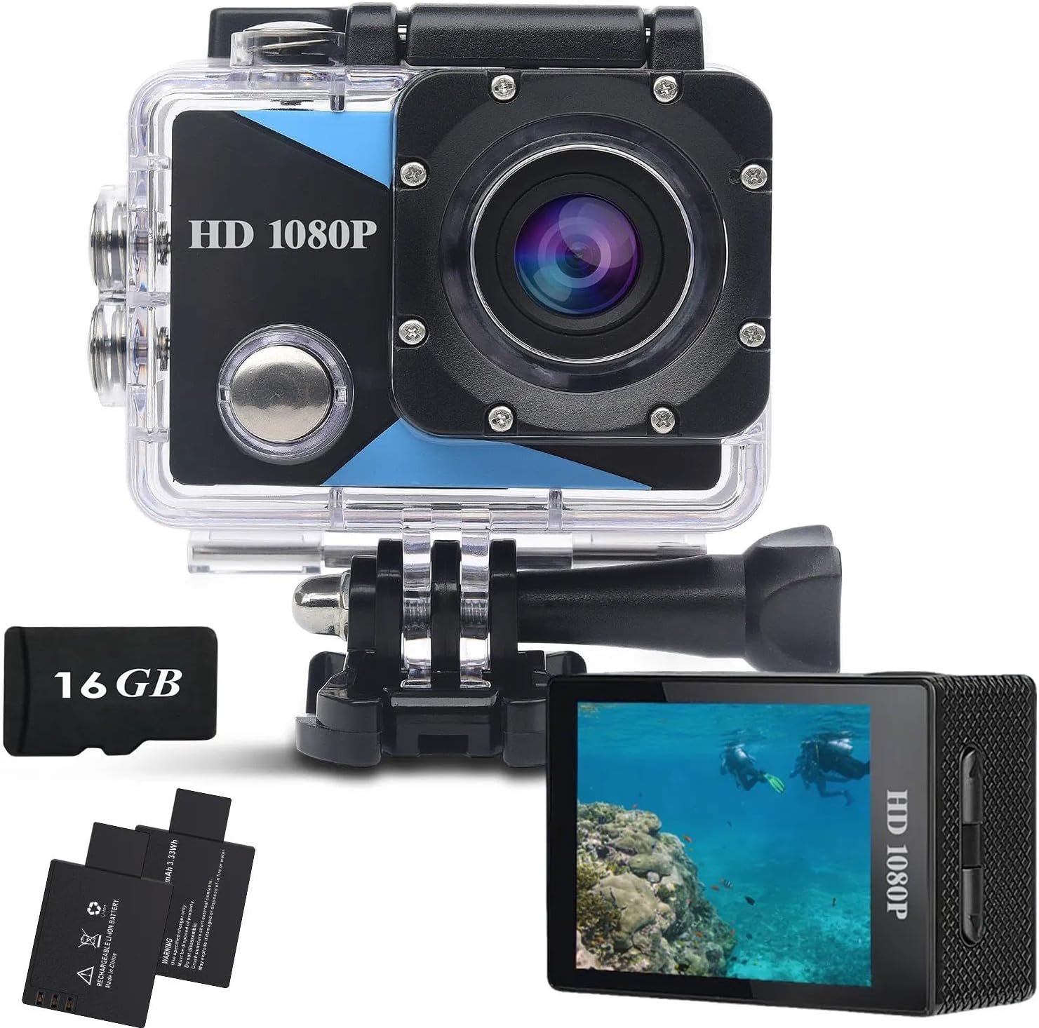 Action Camera Wide Angle 1080P Sports Camera 16GB Memory Card Action Cam 131ft Underwater Waterproof with 2 X Batteries with Accessories Kit Suitable for Helmet, Bicycle, etc.