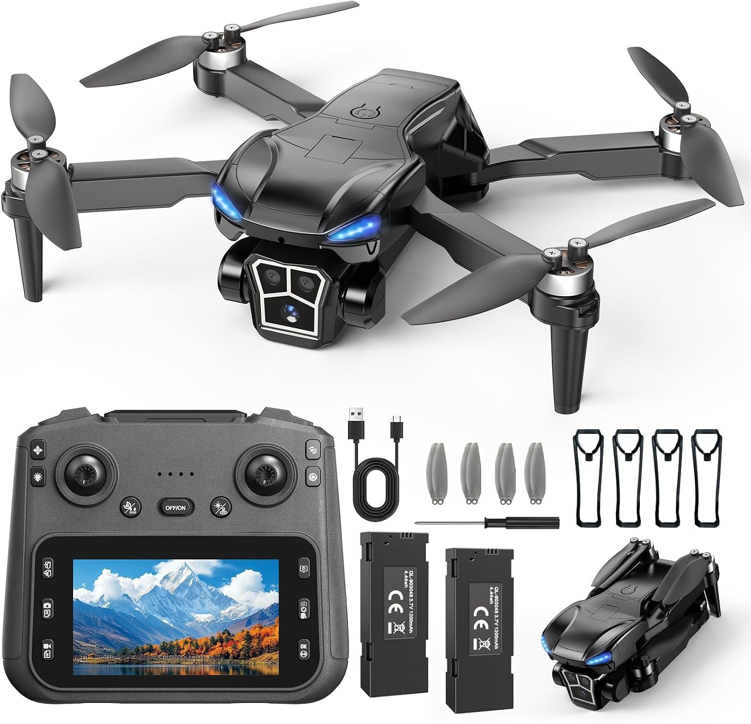 Drone with 2K Camera – 4.3″ HD Screen Controller for Beginners, Brushless Motor, 360° Flip, One-Key Takeoff/Landing, One-Key Return, 2 Batteries, 30 Min Flight Time, Gift for Kids & Adults