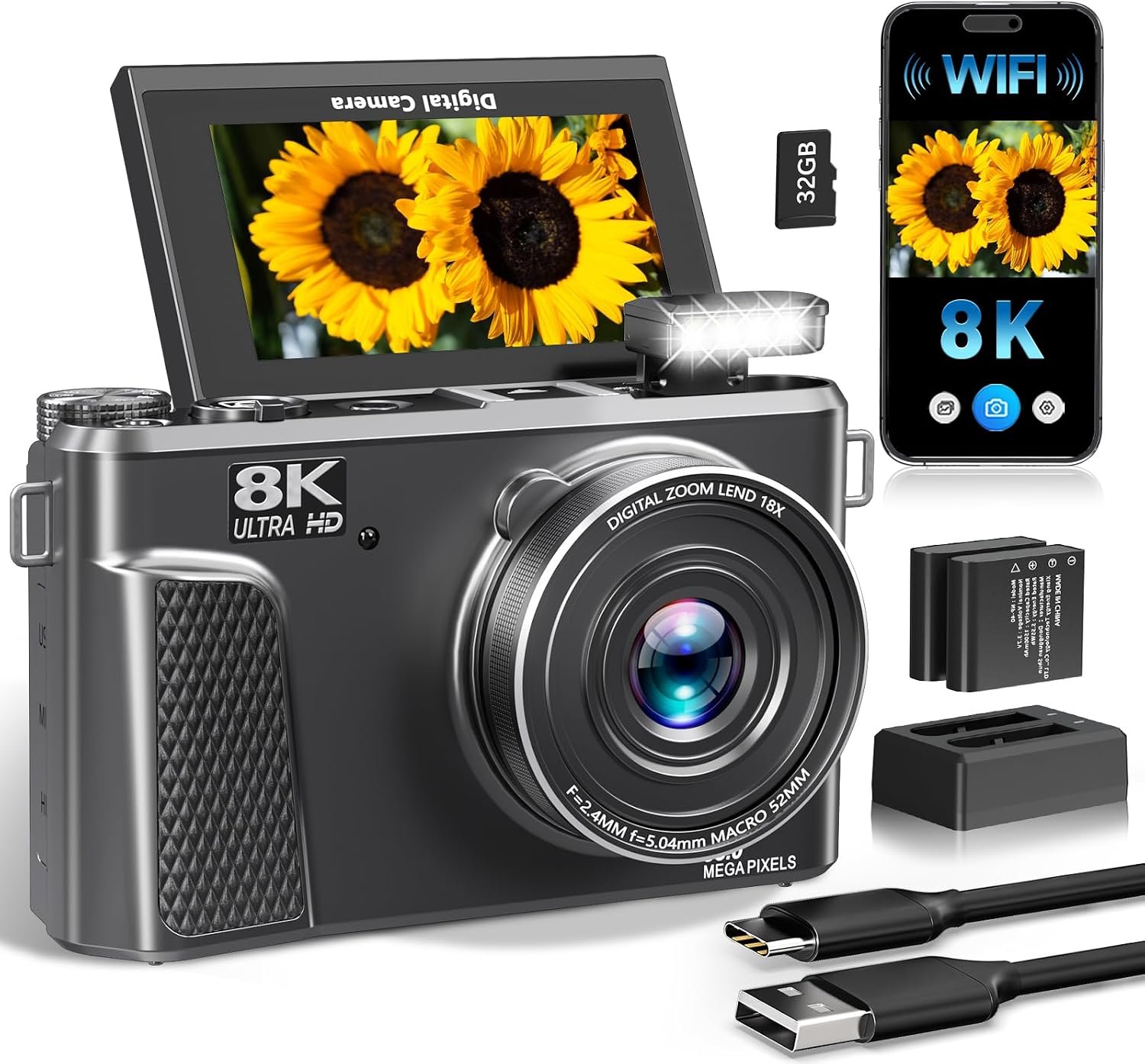 8K Digital Camera, 88MP Autofocus Camera for Beginners & Photography, WiFi