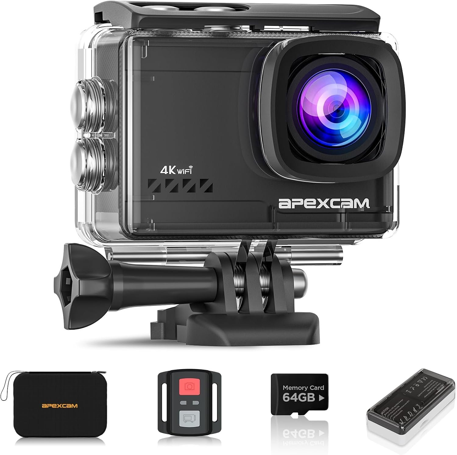 Apexcam 4K 60FPS 64MP EIS WiFi Action Camera with 64GB Memory Card Waterproof Underwater Camera 40M Sport Camera 2.0’LCD 2.4G Remote Control 2X1350mAh Batteries and Multiple accessorie