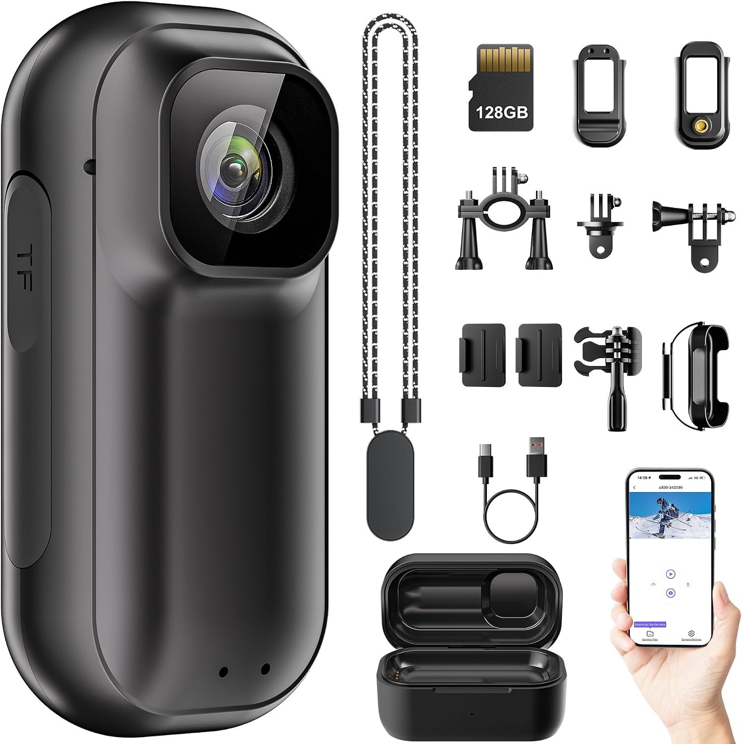 4K Mini WiFi Action Camera 128GB, Wearable Body Cam with 1.5″ Screen