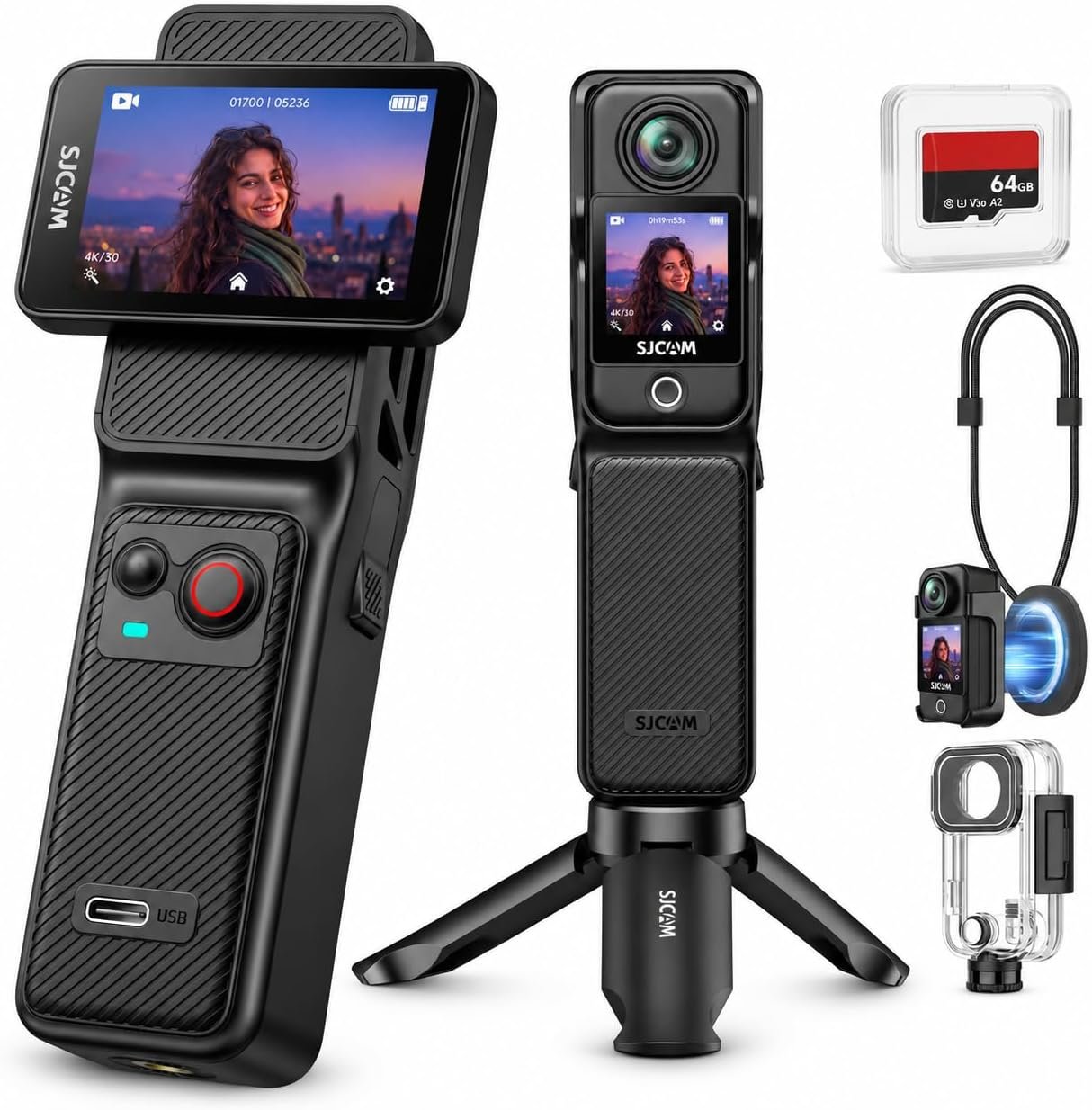 SJCAM C400 4K 64GB Pocket Vlogging Camera for Travel,Content Creator