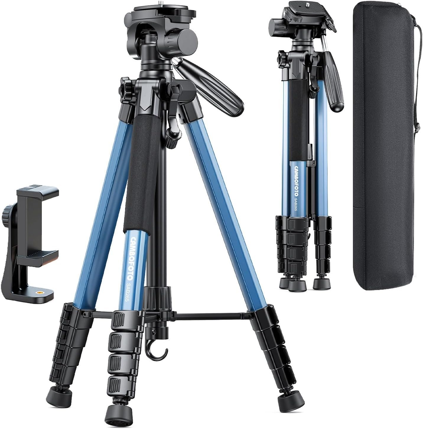 CAMBOFOTO 74″ Camera Tripod, 360° Aluminum Lightweight Tripod/Navy Blue