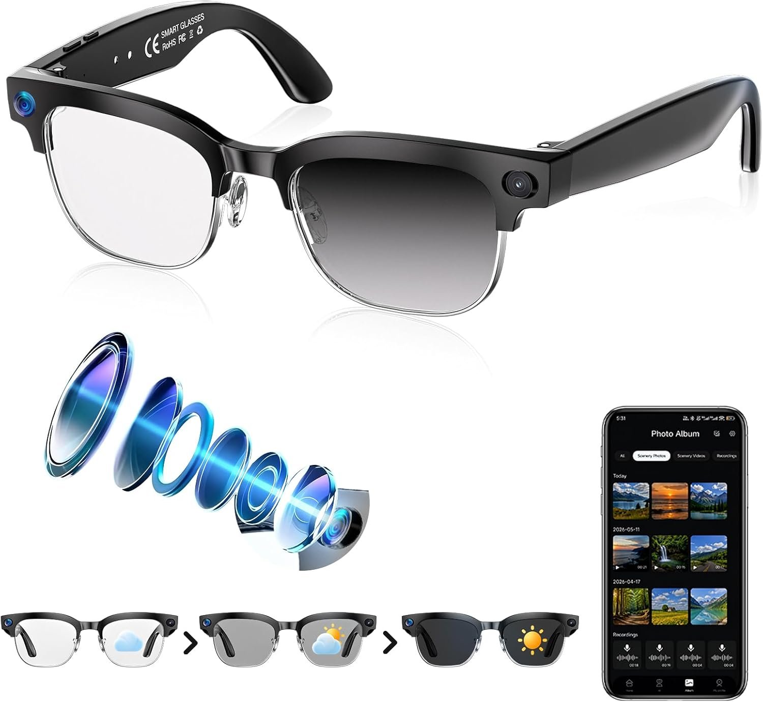 AI Smart Glasses with Camera, 4K EIS, Real-Time Translation