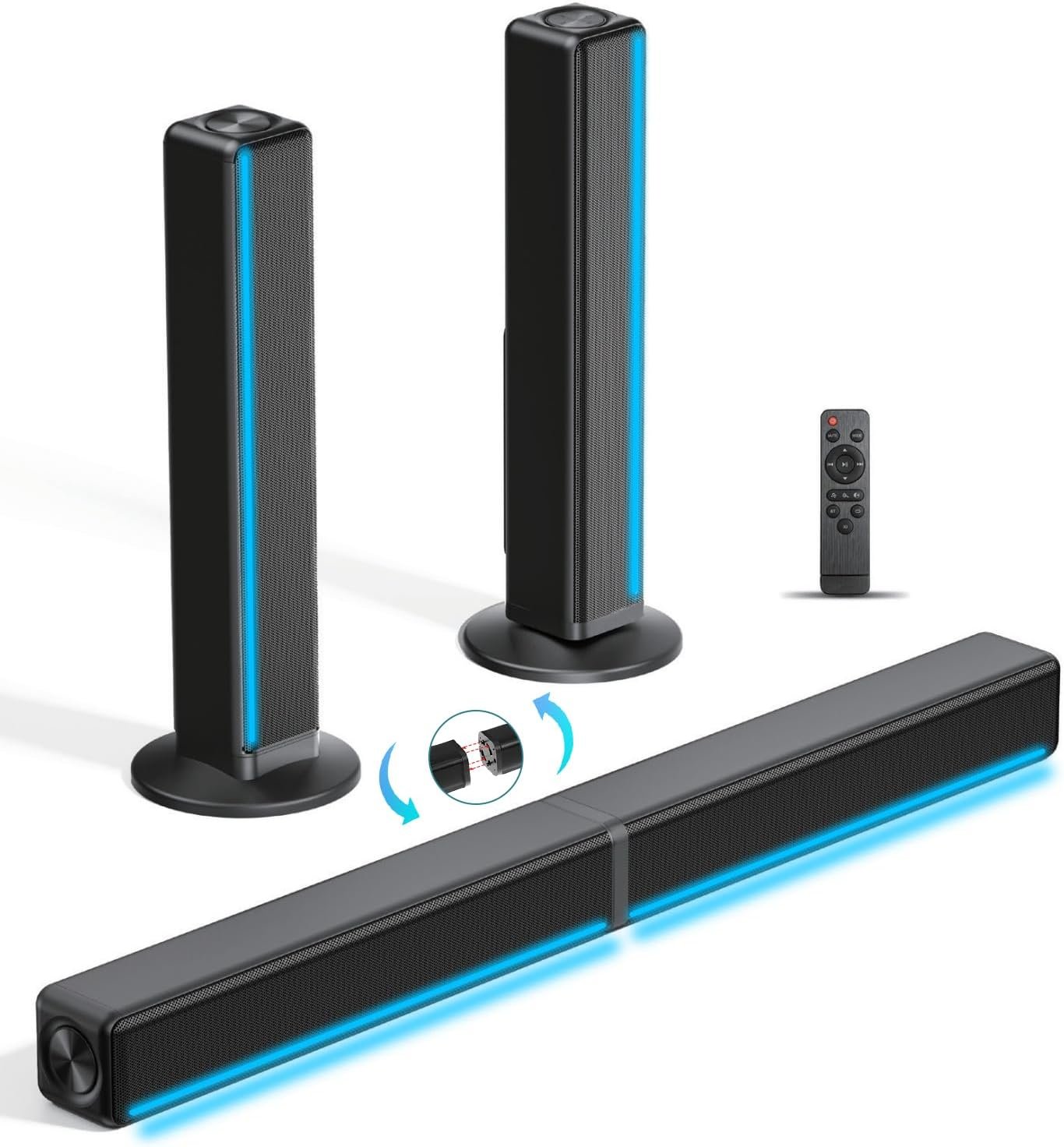 Sound Bar for Smart TV, 2 in 1 Detachable Soundbar with Dual Built-in Subwoofers, Bluetooth 5.3 Surround Sound with RGB Light, HDMI ARC/Optical/AUX, All-in-One Audio for Gaming, PC & Projectors