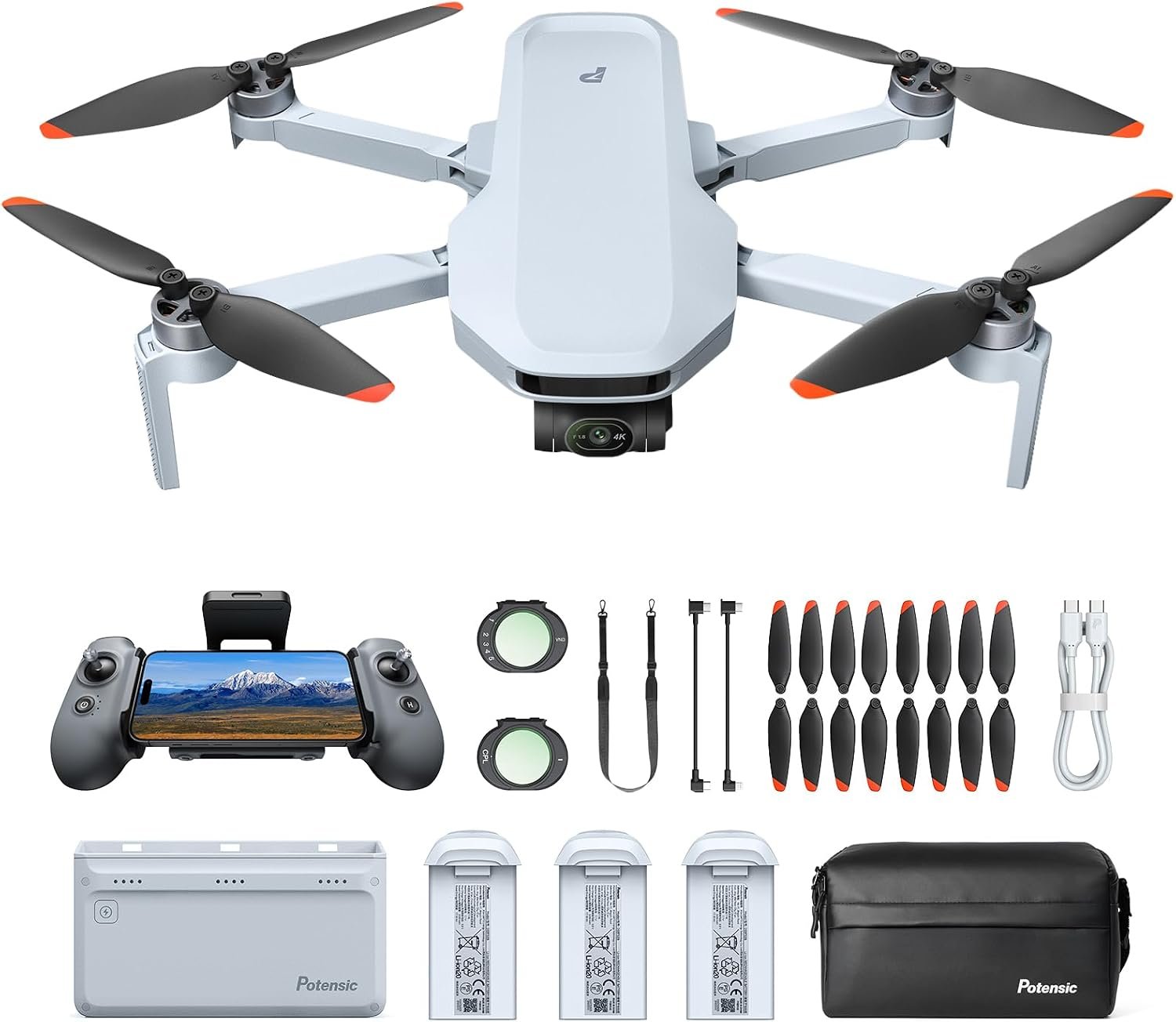 Potensic ATOM 2 Drones with Camera for Adults 4K, 8K Photo, 96-Min Flight, 3-Axis Gimbal, 10KM Transmission, AI Track, Vertical Shooting, AI Night Shot, Fly More Combo with ND CPL Filter, Remote Strap
