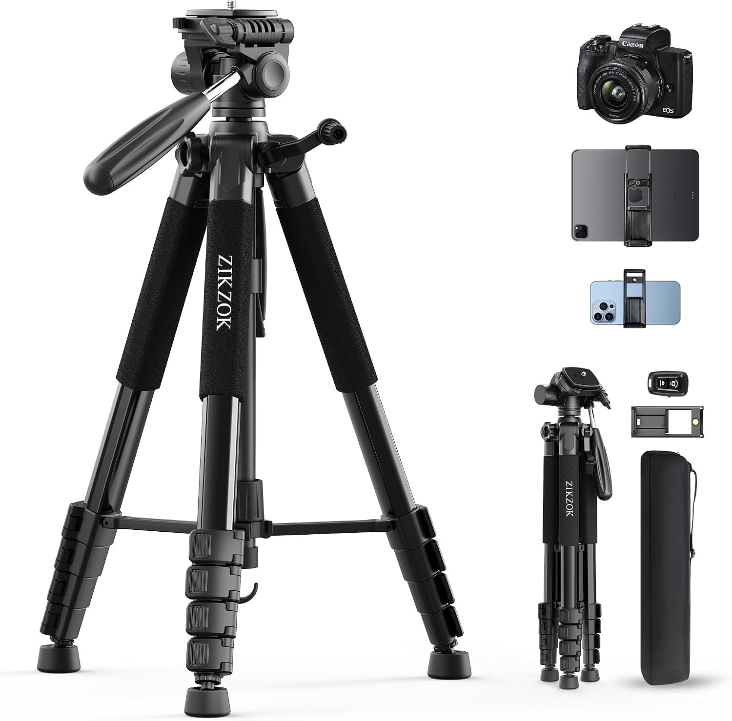 75″ Camera Tripod, Aluminum Heavy Duty Camera Stand for ipad Phone, Travel Tripod with/Carry Bag/Phone Tablet Holder, Compatible with Canon Nikon Sony DSLR, Spotting Scopes, Max Load 15 Lb(Black)