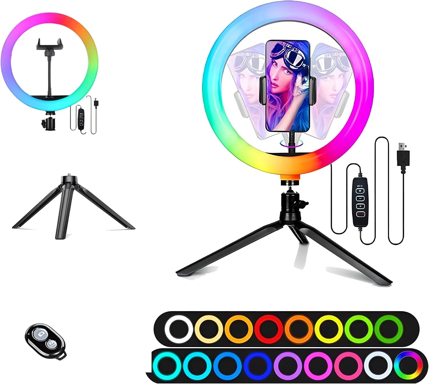 10″ Selfie Ring Light with 4″ Desktop Tripod Stand & 1 Phone Holder, LED Ringlight with Dimmable Modes(RGB) for Makeup/Photography/Videos/Vlog/TikTok (STDLR10-V2)