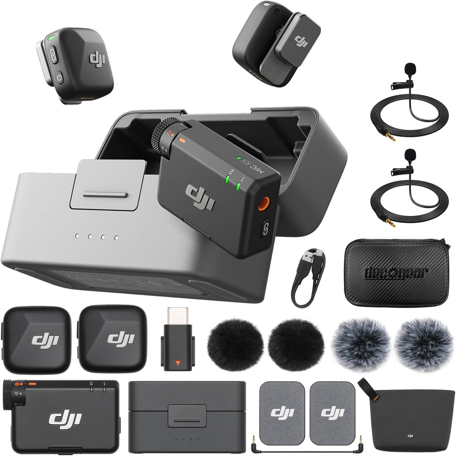 DJI Mic Mini (2 TX + 1 RX + Charging Case) Wireless Lavalier Microphone, Ultralight, Noise Cancelling, Up to 48-Hour Battery Life Bundle with 2 x Deco Gear Lapel Microphone and 5″ EVA Case