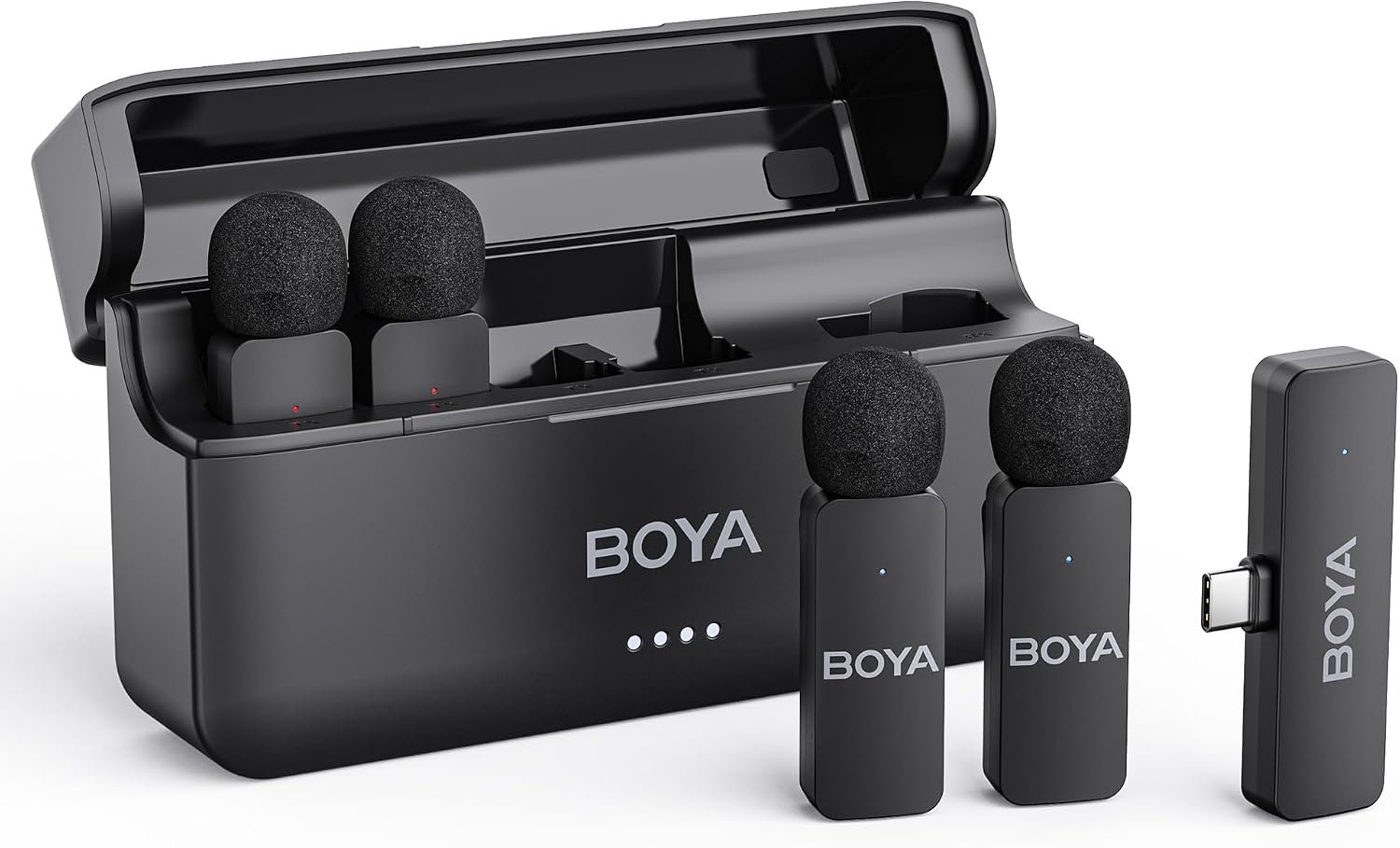 BOYA BY-V4U Wireless Lavalier Microphone for iPhone 17/16/15 Series Type C Smartphone with Charging Case, 4-Channel Mono Output, Omnidirectional Noise Cancelling Lapel Mic for Video Recording Podcast