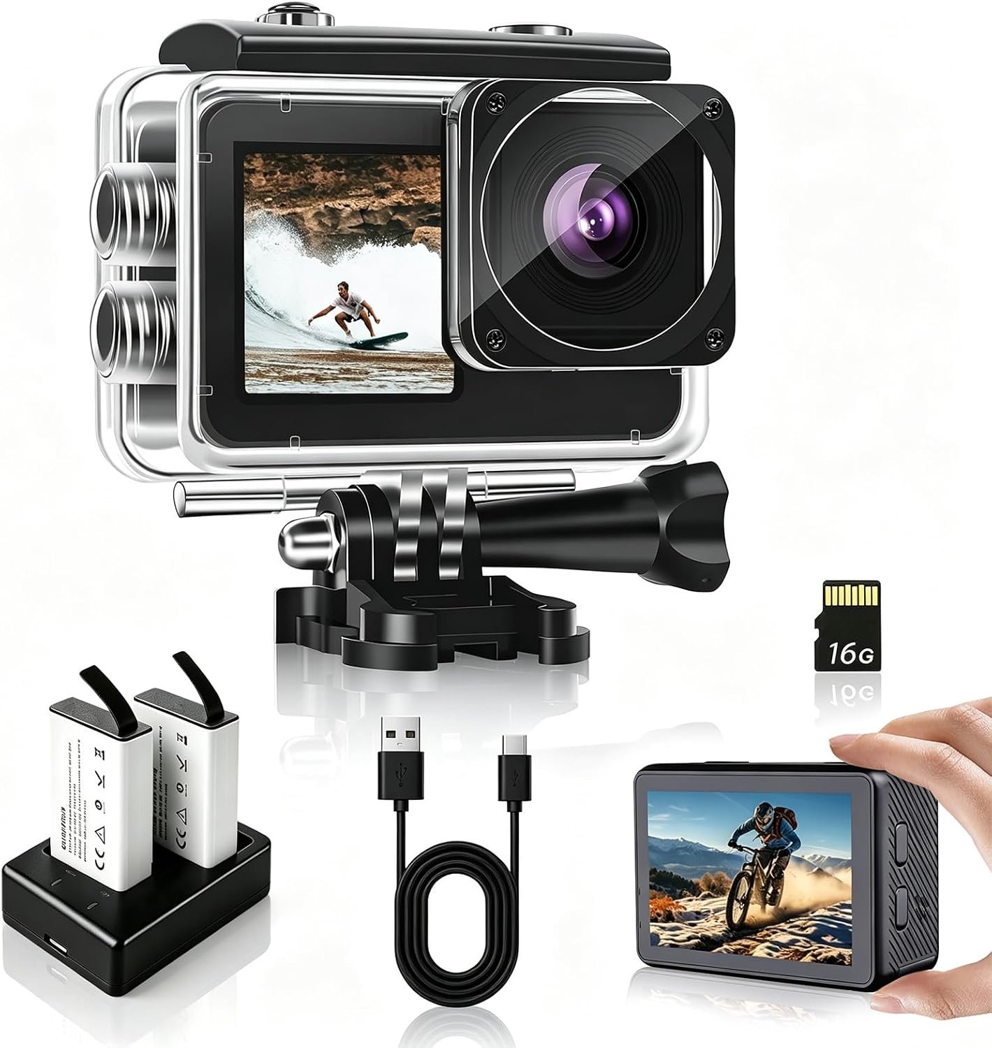 Action Camera 1080P FHD 16MP Underwater Camera with 2″ & 1.3″ Dual Screen, 131FT/40M Waterproof Vlogging Camera for Sports, Includes 16GB Card, 2x1050mAh Batteries & Mounting Accessories(black)