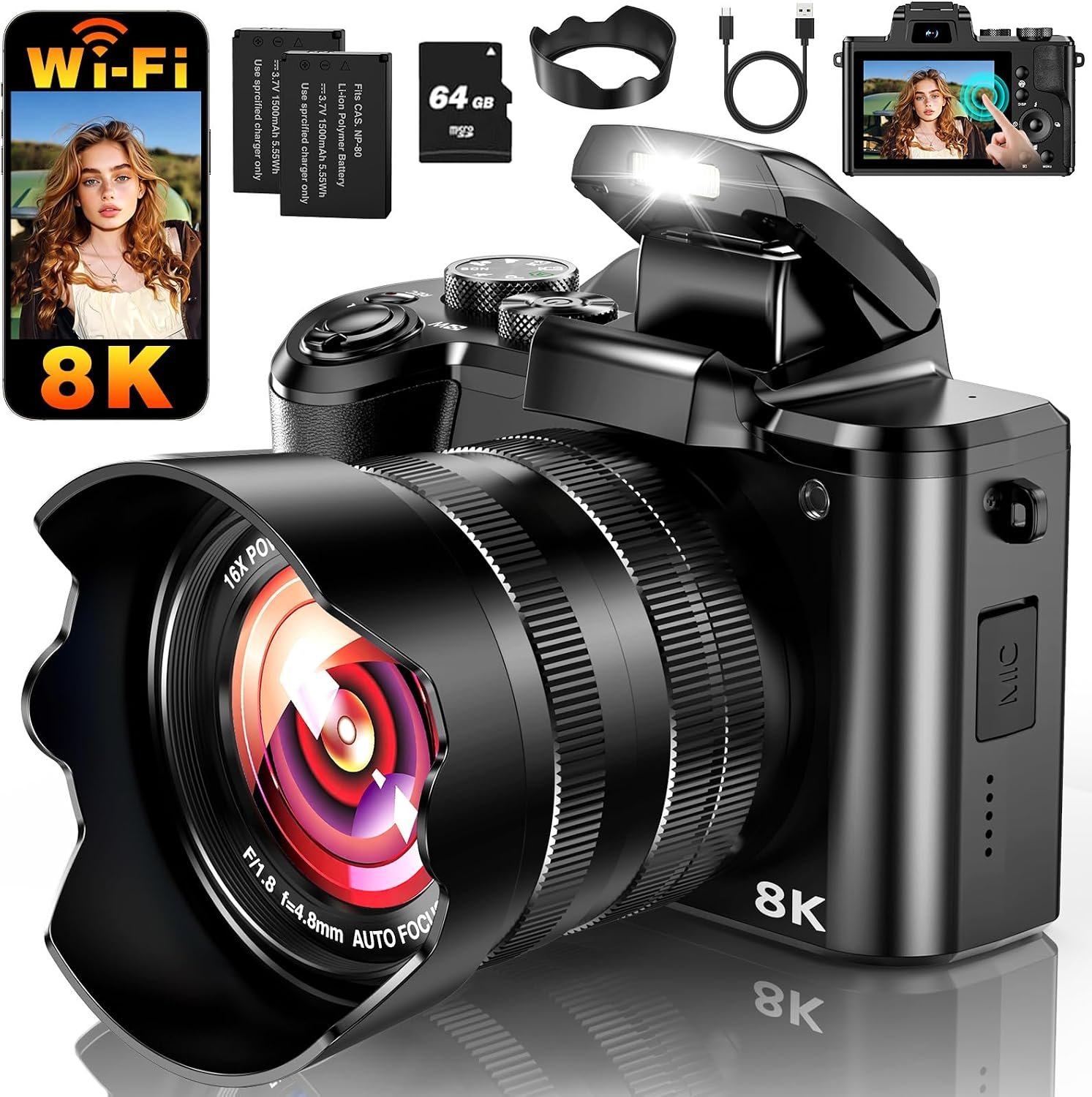 8K Digital Camera, 88MP WiFi Cameras for Photography with 3.2″ Touchscreen