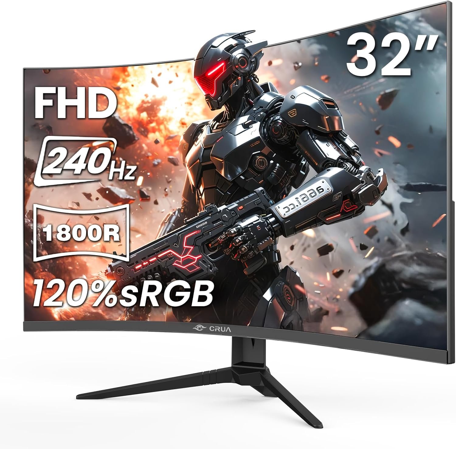 CRUA 32″ FHD 1080P 240Hz Curved Gaming Monitor, 1800R, AMD FreeSync, Black