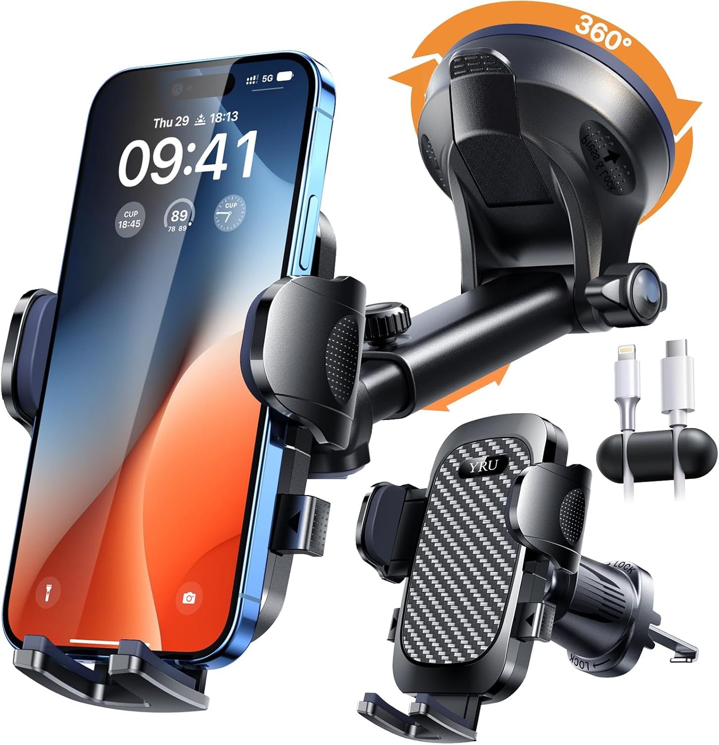 YRU True Military-Grade [360° Rotation Suction] 2026 Ultimate Car Phone Holder Mount 【90+LBS Safest Strongest & Patent Certs】 Dashboard Windshield Vent for iPhone 18 Pro Max Samsung Webcam,Gloss Black