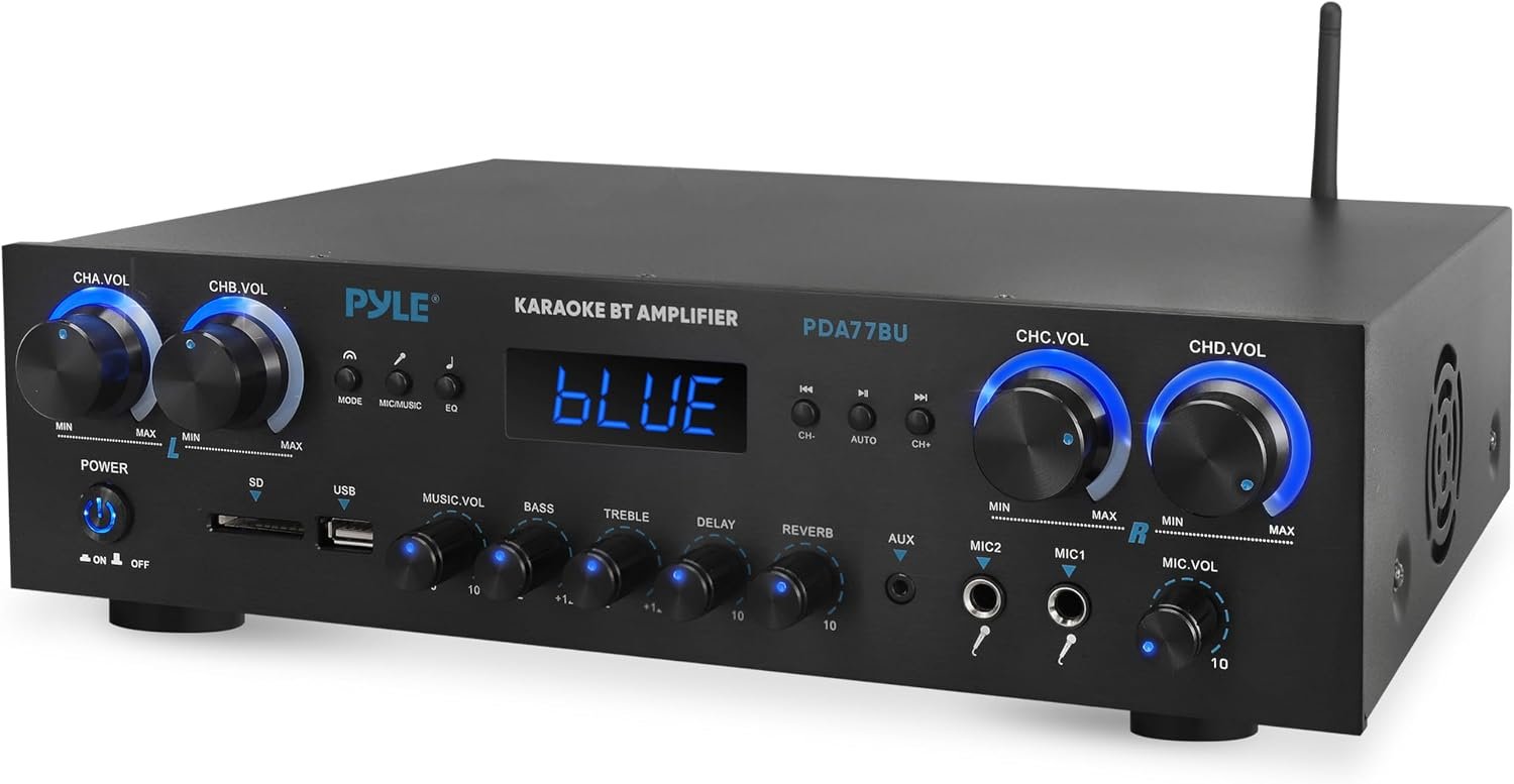 Pyle Home Stereo Receiver with Bluetooth – 4 Channel Amplifier, 800 Watt Max, USB-A Input w MP3 Player, Easy Karaoke Setup with Mic Vol, Reverb and Delay, RCA in/Out, SD Card, FM Radio – PDA77BU