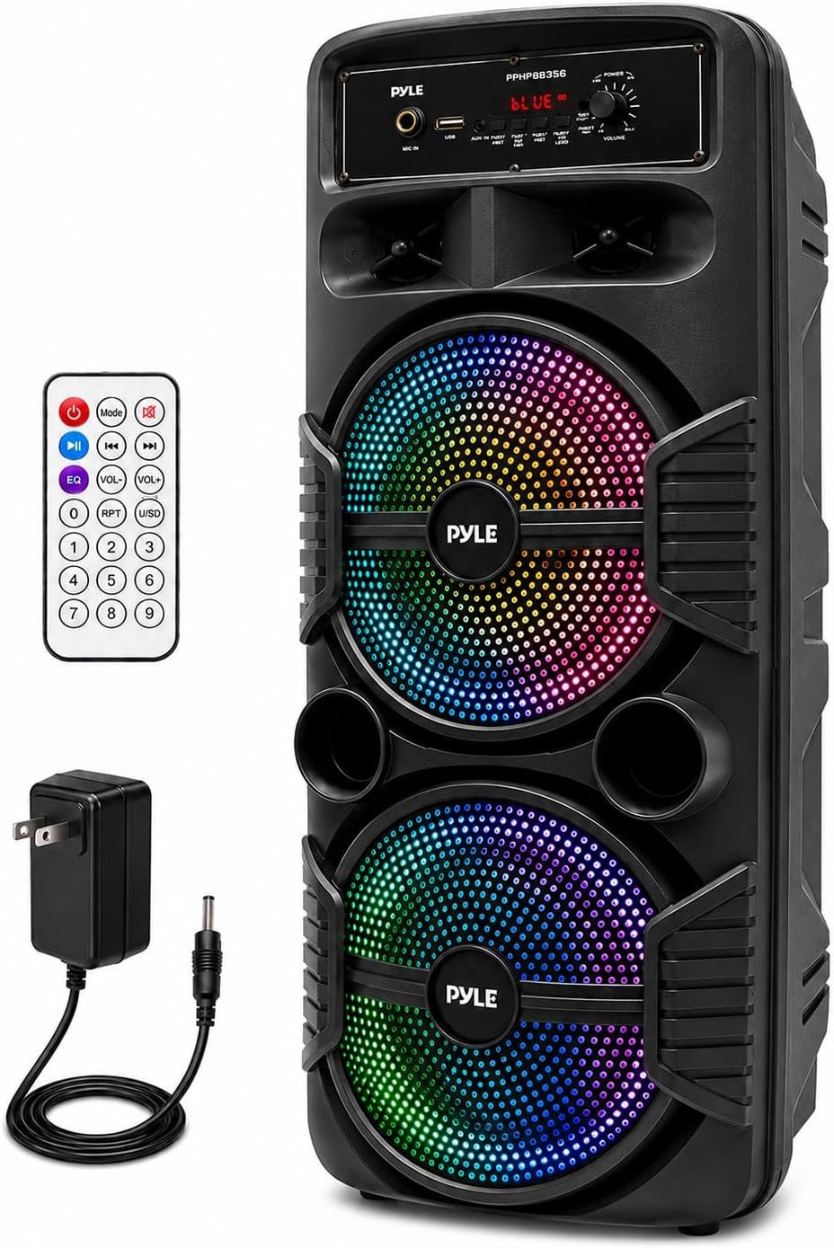 Portable Bluetooth PA Speaker System – 600W Rechargeable Outdoor Bluetooth Speaker Portable PA System w/Dual 8” Subwoofer 1” Tweeter, Microphone in, Party Lights, USB, Radio, Remote – Pyle PPHP2835B