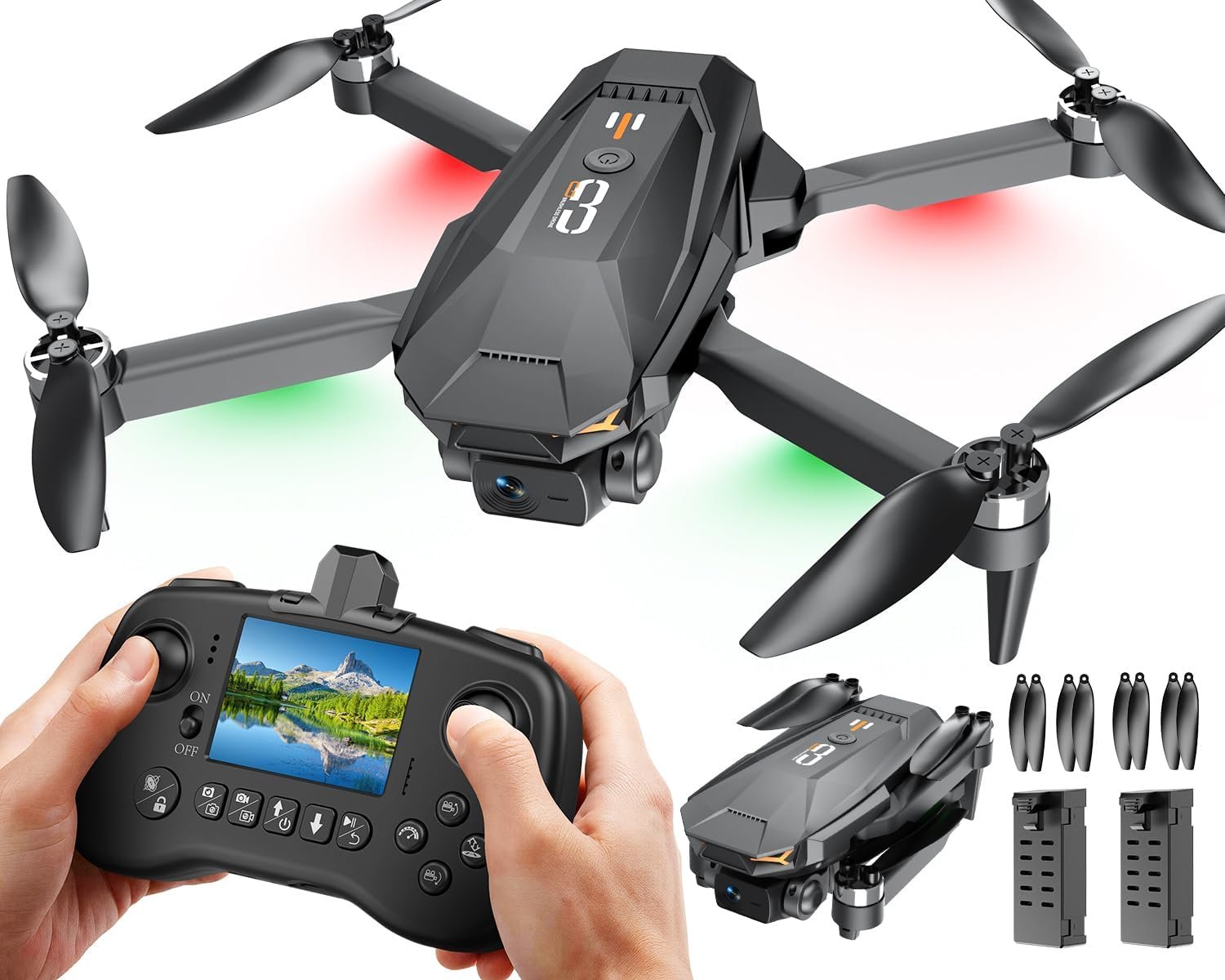 G3 Drone with HD Camera for Kids Adult Beginners,Screen on Controller, Foldable Quadcopter with Brushless Motor,2 Batteries for Long Flight Time,Optical Flow Positioning,Under 249g