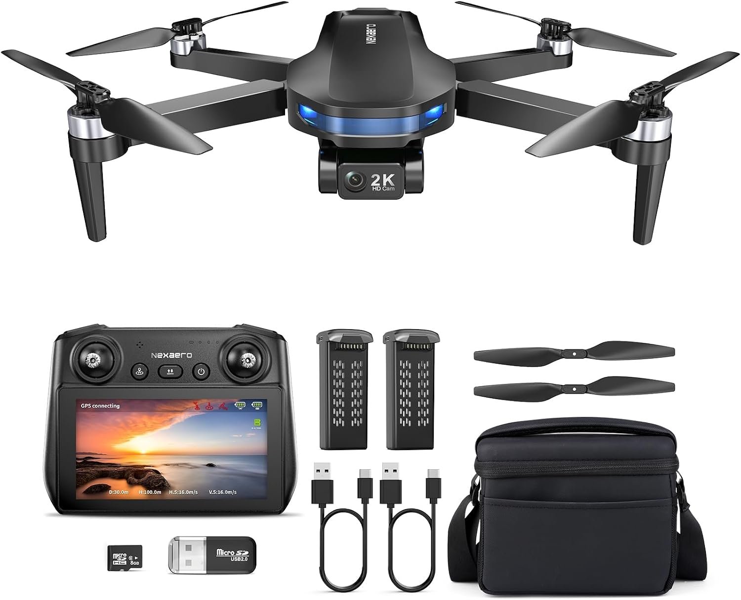 GPS Drone with EIS 2K Camera for Adults, 7.22 inch Screen on Remote Controller, 64 Mins Flight, Long Range Transmission, 3 Speed Adjustable, Follow Me, AI Track, AI Night Shot, Auto Return, Lightweight and Foldable RC Drones for Beginner Toy Gifts, Under 249g