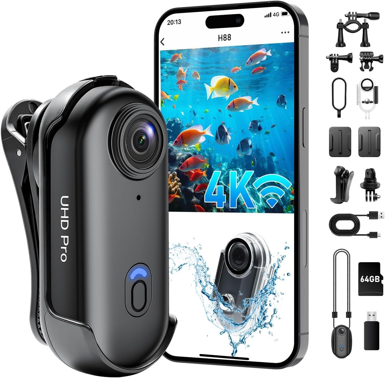 4K Action Camera, Wearable WiFi Body Camera with 64GB, Hands-Free Recording