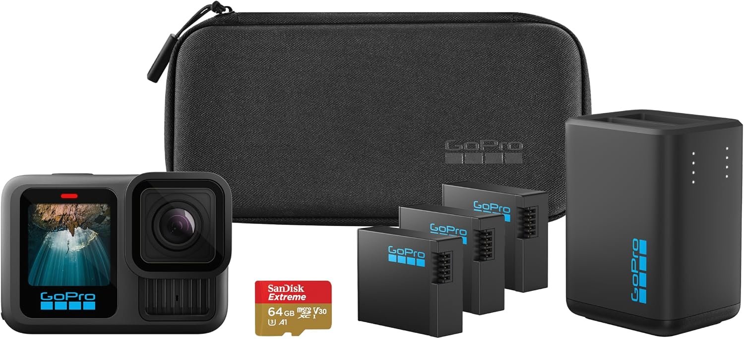 GoPro HERO13 Black Extended Power Bundle – Includes Dual Battery Charger, 3 Enduro Batteries, 64GB SanDisk microSD Card, Camera Case