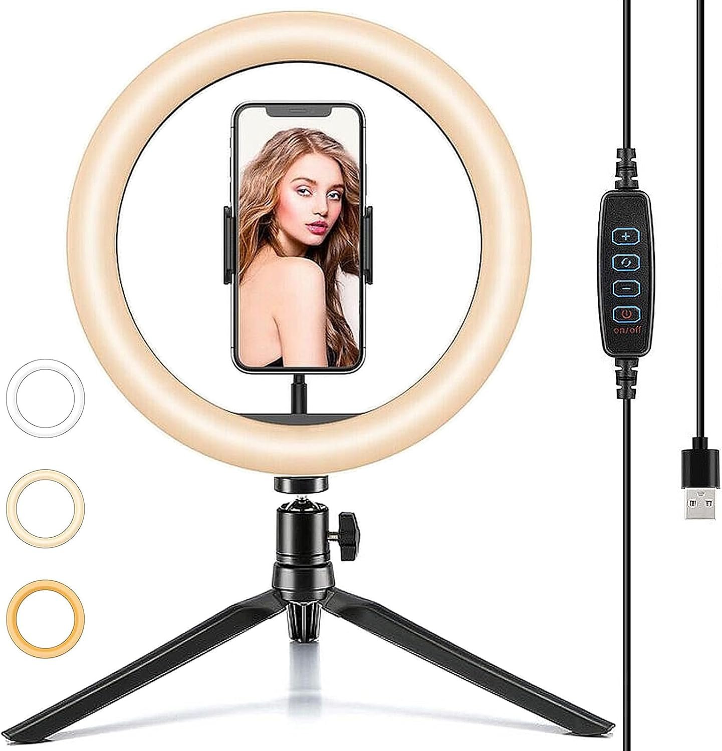 10″ Desk Ring Light with Tripod Stand, 3 Light Modes & 11 Brightness Level, Adjustable Selfie Phone Halo Light with Cell Phone Holder for Video Recording, Makeup, Computer Laptop Zoom Meeting