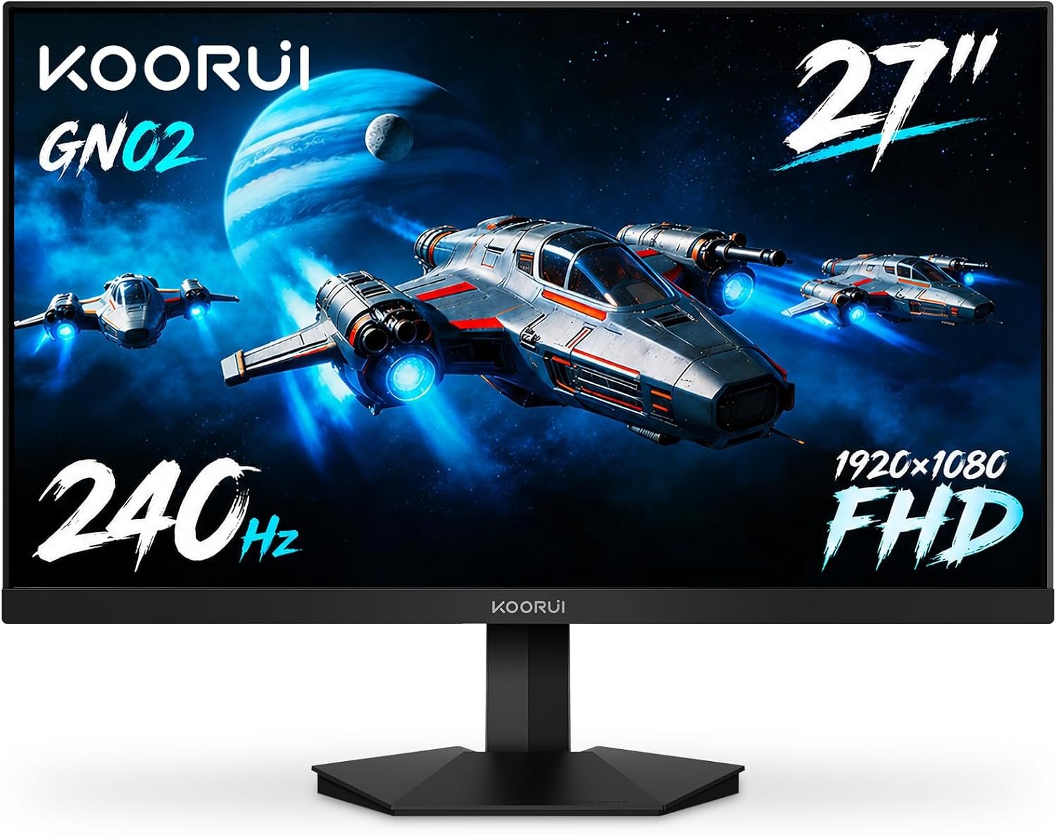 KOORUI 27″ FHD 1080p Gaming Monitor 240Hz 1ms, FreeSync Premium, G-SYNC Compatible, 95% DCI-P3, DisplayPort 1.4, HDMI 2.0, VESA Mount, Tilt Adjustable, Black, GN02