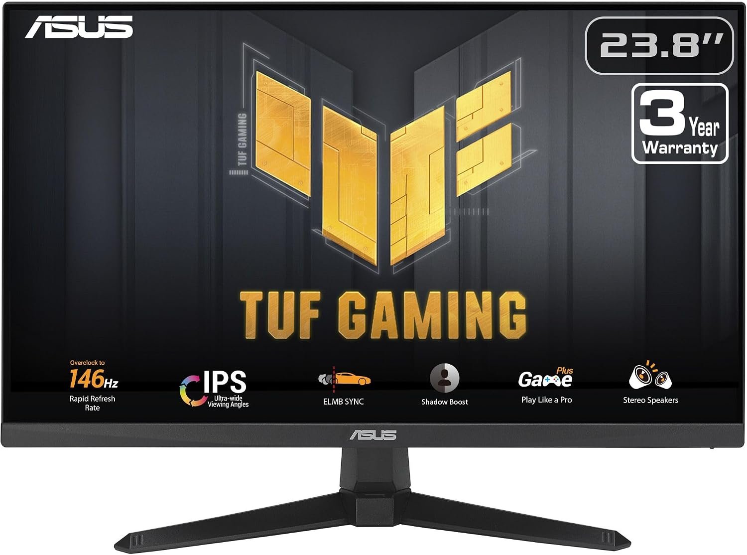 ASUS TUF Gaming 24” (23.8” viewable) 1080P Monitor (VG249QE5A) – FHD, 144Hz Overclock to 146Hz, IPS, Extreme Low Motion Blur Sync, 1ms, Speakers, Variable Overdrive, DisplayWidget Center, 3yr Warranty