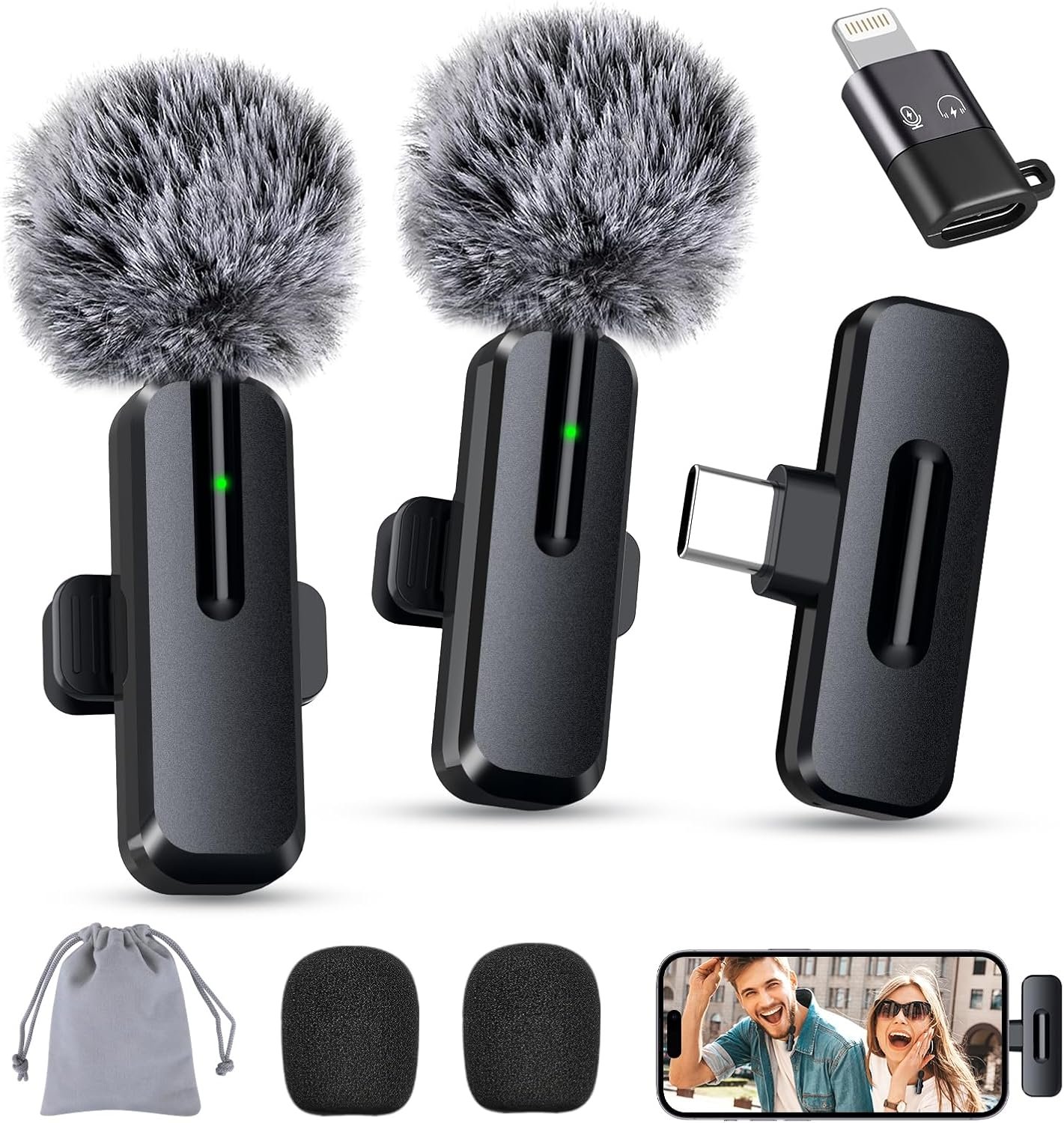 Wireless Mini Microphone for iPhone, Android, 2 Pack Clip on Mini Mic with USB-C & Lightning, 2-in-1 Noise Reduction Lavalier Lapel Mic for Video Recording, Podcast, Vlogging, YouTube