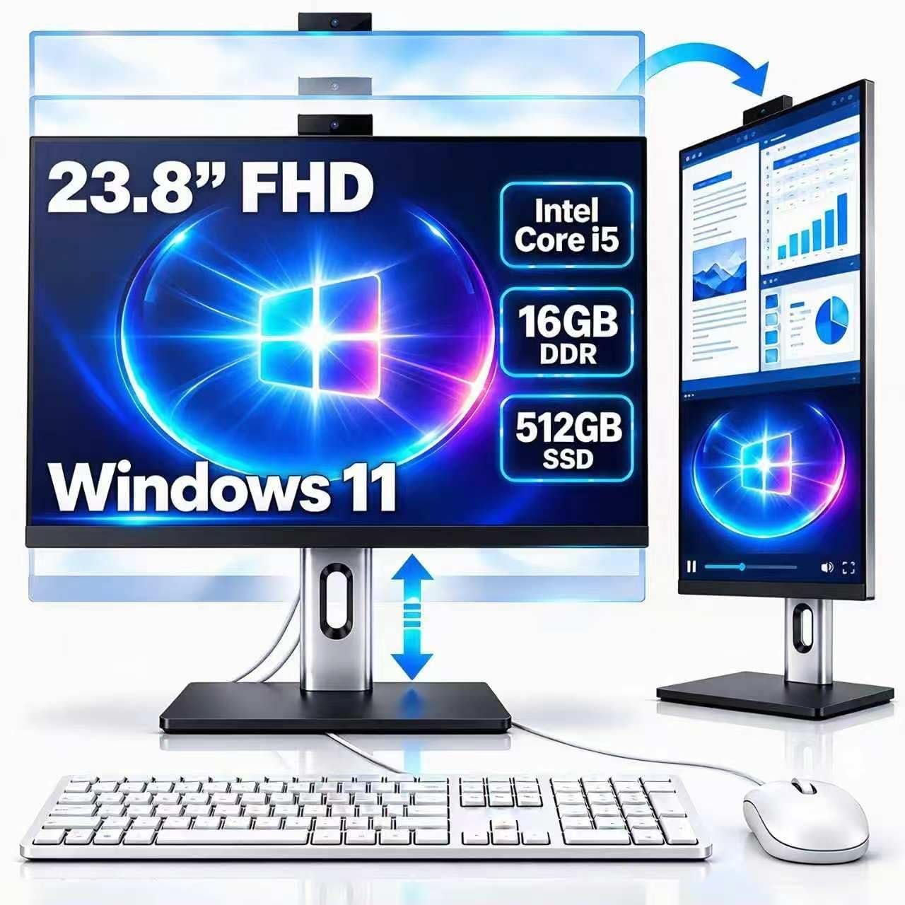 Core i5 All-in-One Desktop Computers 23.8-Inch FHD All-in-One PC, 16GB RAM, 512GB SSD, 3.4GHz Up to 3.8GHz, Adjustable Pivot Stand, 5MP Webcam, WiFi, Bluetooth, HDMI, Type-C, RJ45