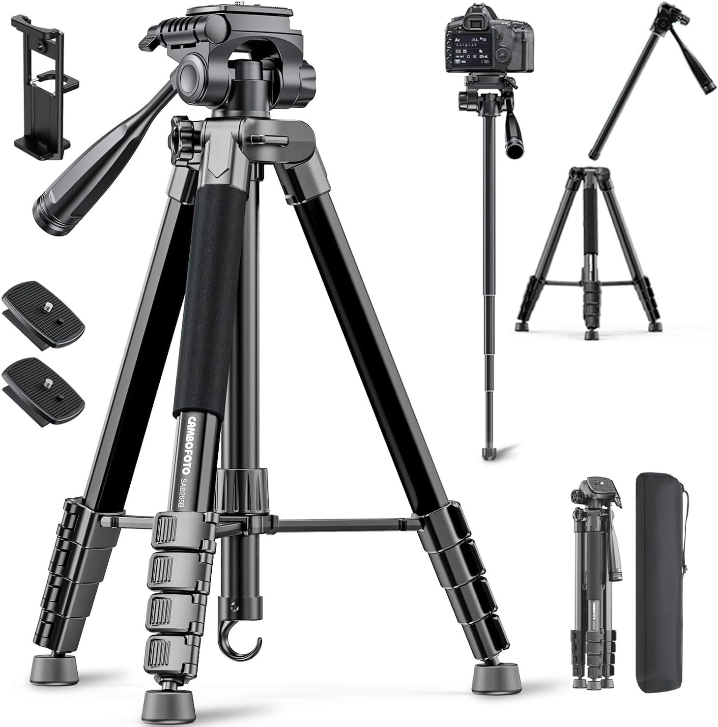 CAMBOFOTO 73″ Camera Tripod and Monopod, Aluminum Tripod Stand/Black