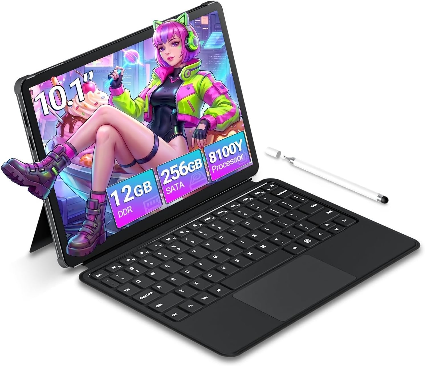 Tunhail 10.1 2 in 1 inch Laptop 12GB RAM 256GB SSD, 360°Flip Touchscreen Laptop with m3-8100Y（Up to 3.40 GH） 800 * 1280 IPS FHD, Backlit Keyboard Laptop Computer for Students/Commuters/Business