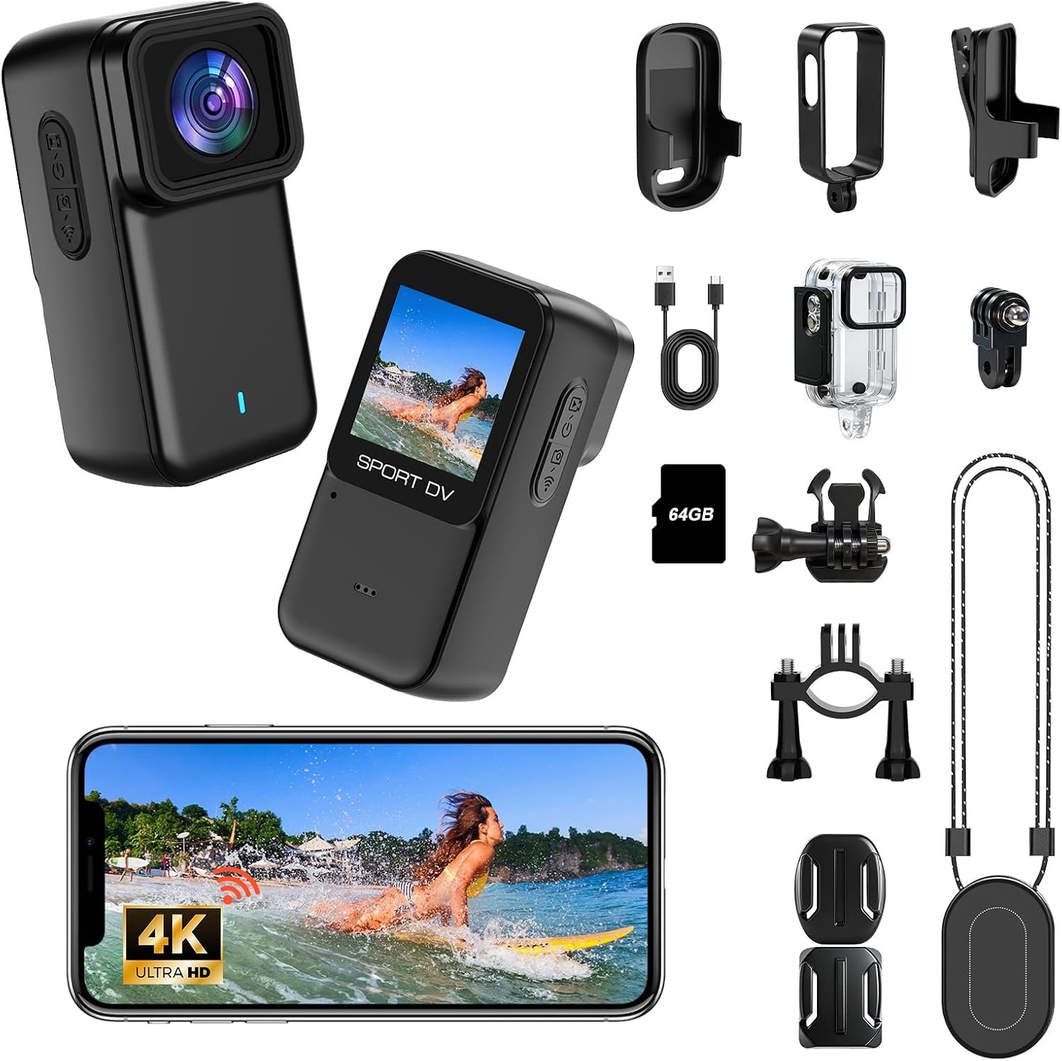 4K Mini Action Camera with Screen 64GB Card, Waterproof Body Camera with Wi-Fi, Thumb Cameras with Magnetic Mount, Small Body Cam for Vlogging, Portable POV Camcorder for Cycling, Travel, Sports