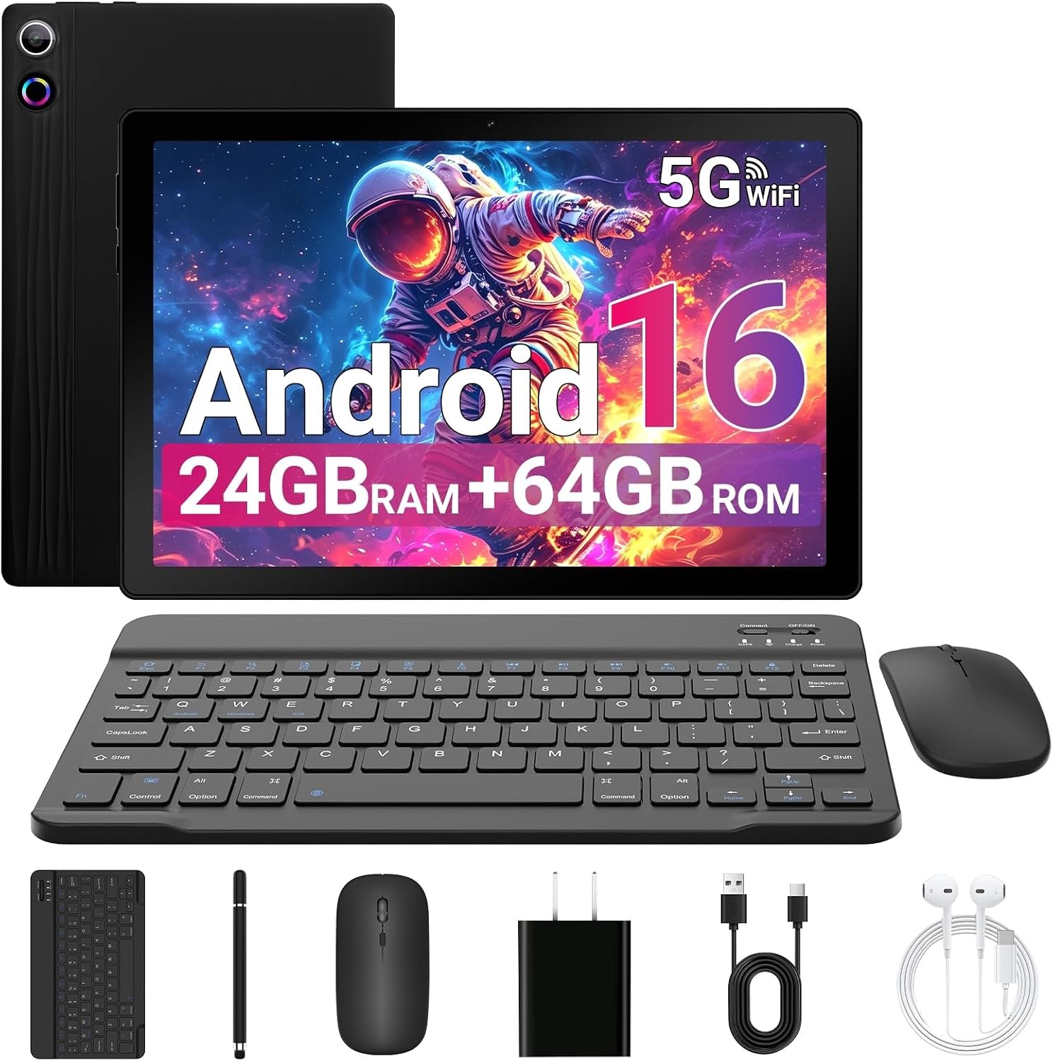 Android 16 Tablet 10 Inch, 24GB RAM 64GB ROM 1TB, 1280x800HD IPS, Fast WiFi 6, BT 5.4, 6000mAh Battery, Dual Cameras, GMS, Electronics Tablets with Keyboard for Work & Entertainment, Black