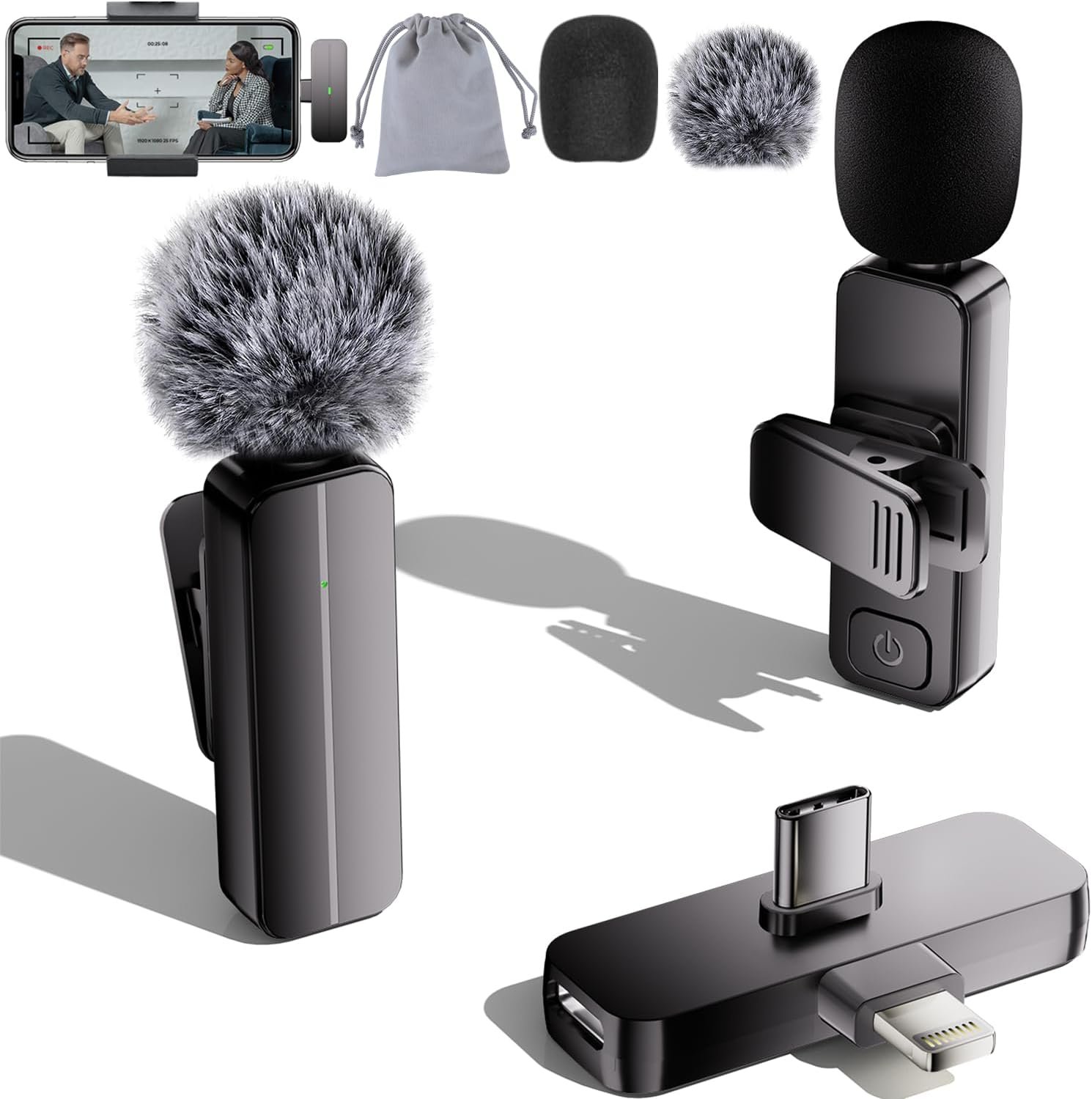 Bulatry 2-Pack Wireless Mini Lavalier Microphone for iPhone,Android Phone – 65ft Cordless Clip on Mics with Noise Reduction 6H Working Time for Video Recording