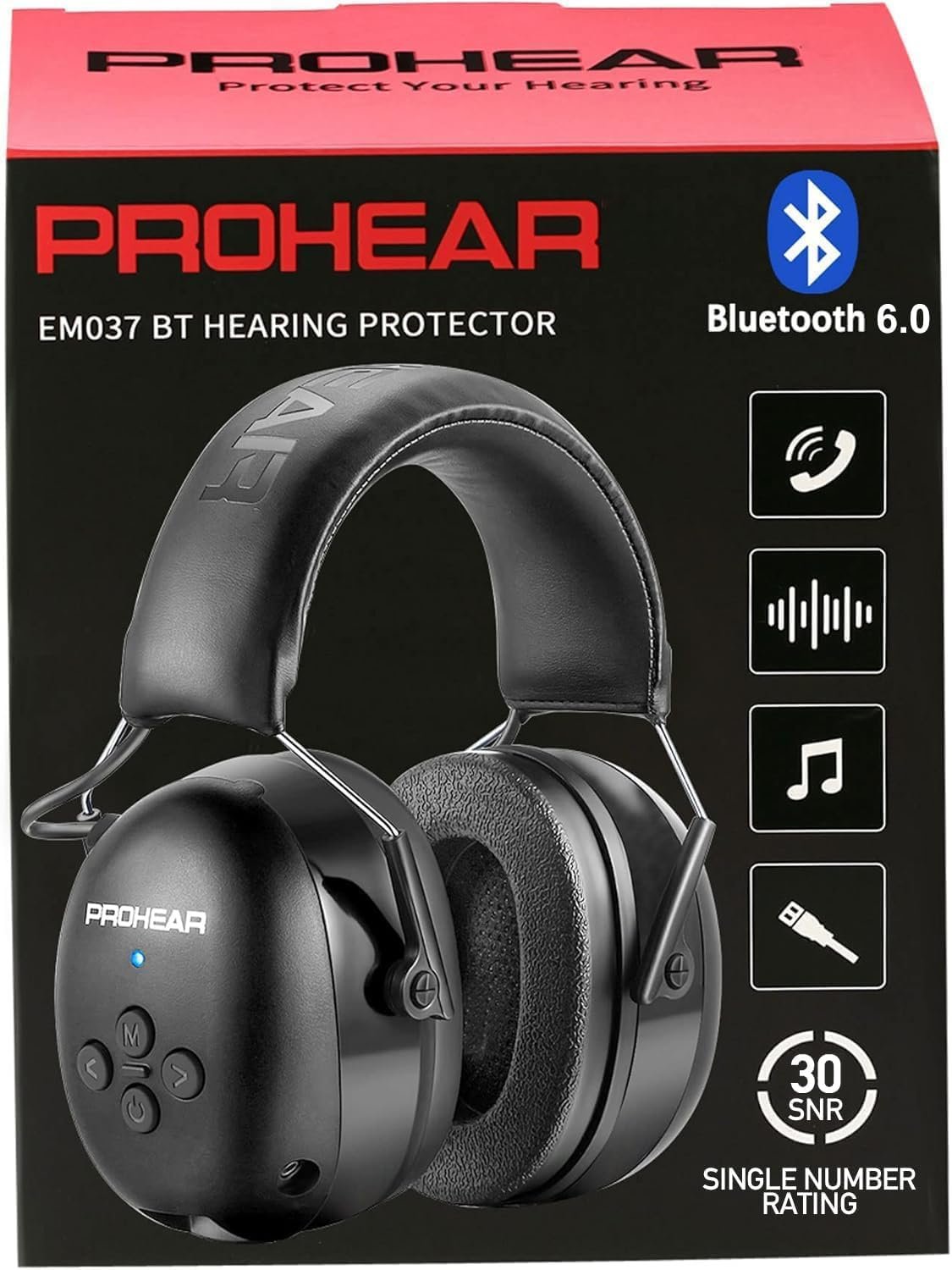 PROHEAR 037 Bluetooth 6.0 Hearing Protection Headphones with Rechargeable 1100mAh Battery, 30dB SNR Safety Noise Reduction Ear Muffs 120H Playtime for Mowing, Workshops, Snowblowing – Black