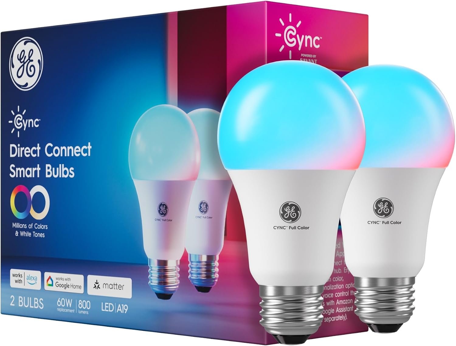 Cync GE A19 LED Smart Light Bulbs, Room Decor Aesthetic Bluetooth and WiFi Color Changing Lights, LED Indoor Light Bulb, Compatible with Alexa and Google (2 Pack)
