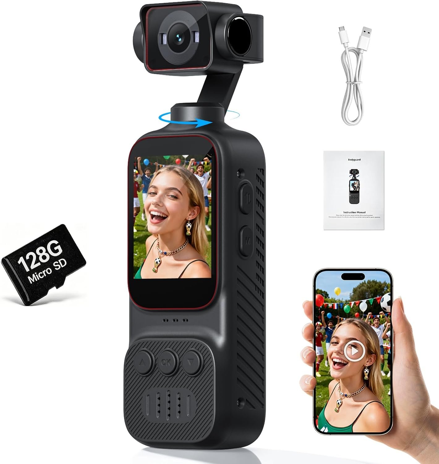 4K HD Pocket Handheld Camcorder, WiFi Enabled Action Camera with 12MP Photos, 170° Wide Angle Lens, 270° Rotating Head, 2-inch Display Audio & Video Handheld Pov Cameras, Pocket Camera (128GB)