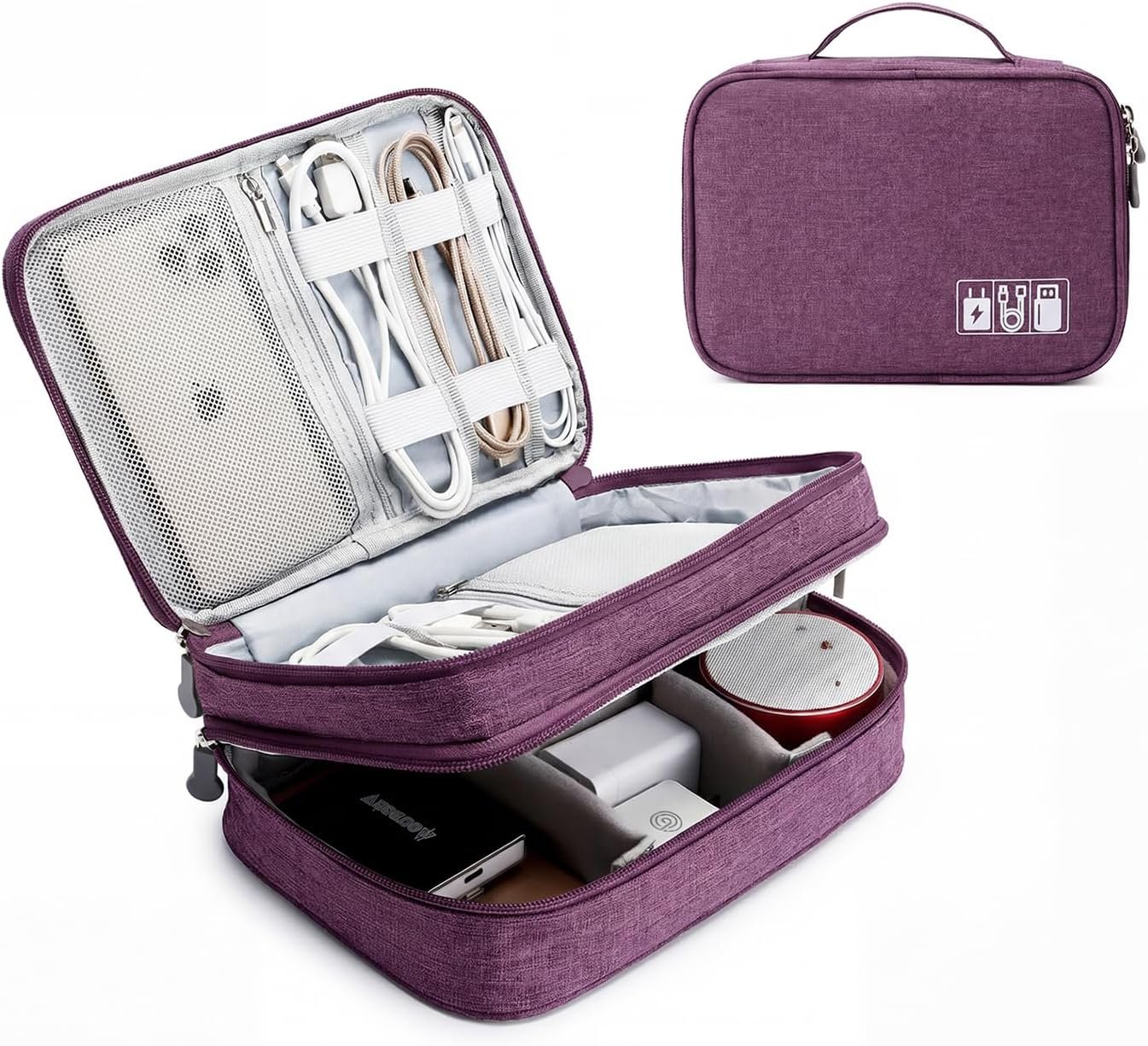 Lanola Travel Cable Organizer Bag, Electronic Accessories Case Portable Double Layer Cable Storage Bag for Cord, Charger, Flash Drive, Phone, SD Card,Personal Items – (Purple)