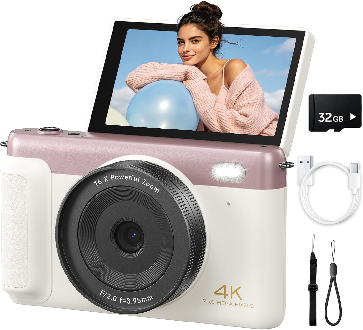 4K Digital Camera for Photography 75MP with Autofocus & 16X Zoom, 3″ 180° Flip Screen, 2500mAh Battery & 32GB SD Card – Compact WiFi Vlogging Camera for Beginners, Teens & Travel