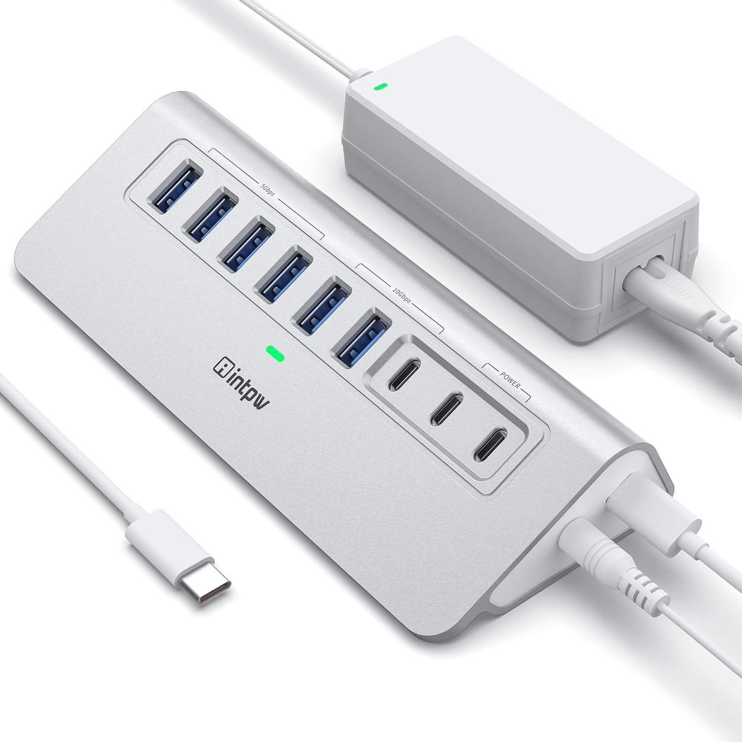 intpw Powered USB Hub 10Gbps, 9-Port USB 3.2/USB C Hub, 65W Power Adapter