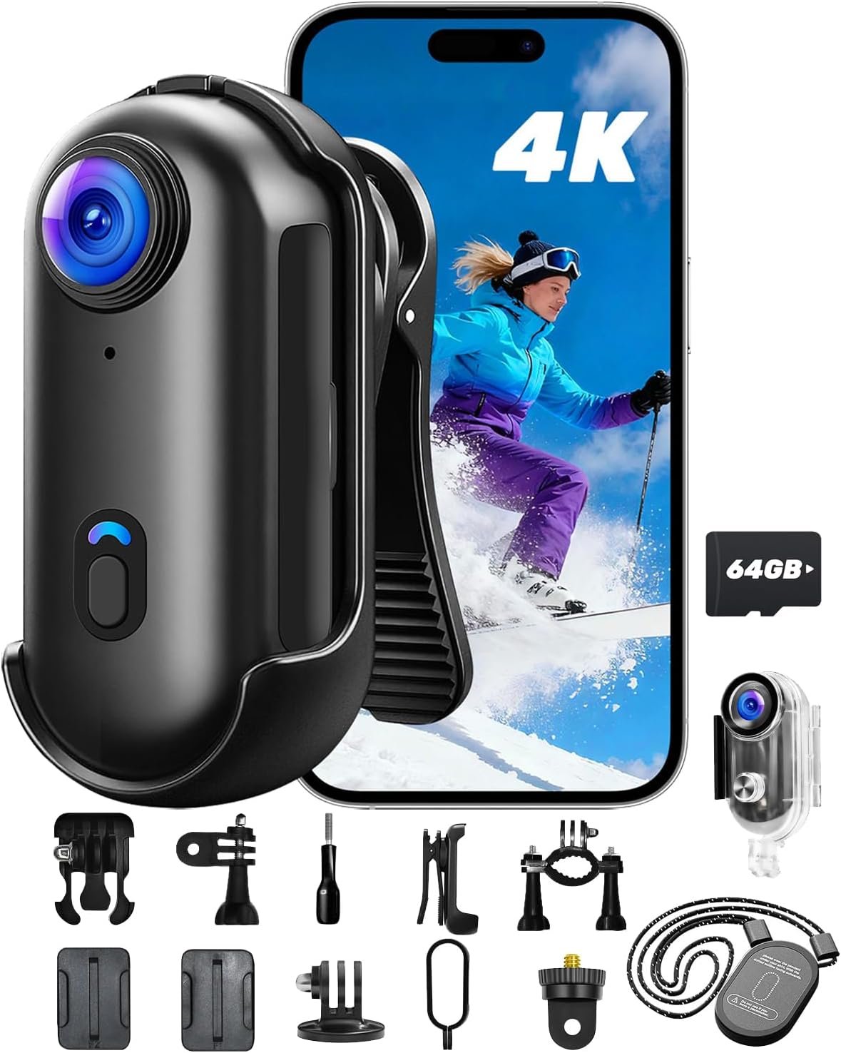 Action Camera 4K, Mini Body Camera with Audio and Video Recording 64GB Card