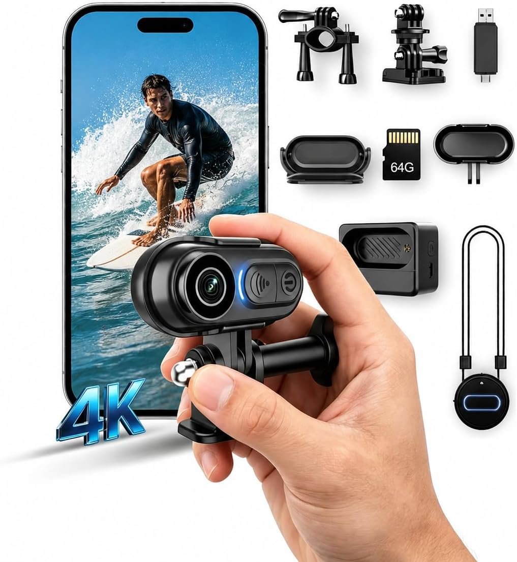 Body Camera 4K Mini, Wearable POV Action Cam with Audio & Video Recording 64GB, IPX7 Waterproof, 6-Axis Stabilization, Hands-Free Thumb Cameras for Cycling, Vlogging, Travel & Outdoor Activities